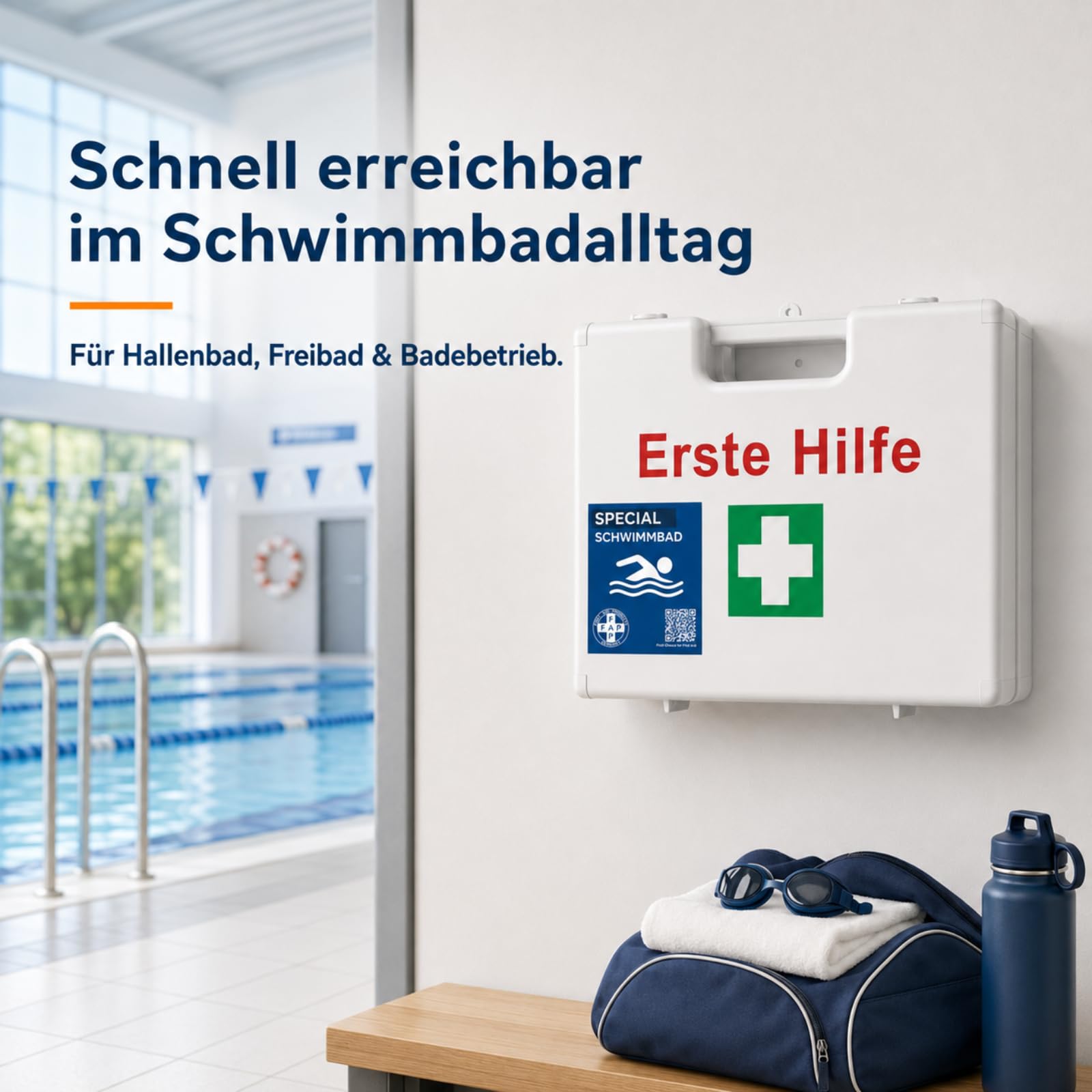 FAP Erste-Hilfe-Koffer Schwimmbad DIN 13157 gefüllt - Weiß | Beatmungstuch & Kältekompresse | Pool Aqua Freibad Hallenbad Wassersport ABS Kunststoff, Betriebsverbandkasten Wandhalterung -33×42×15 cm