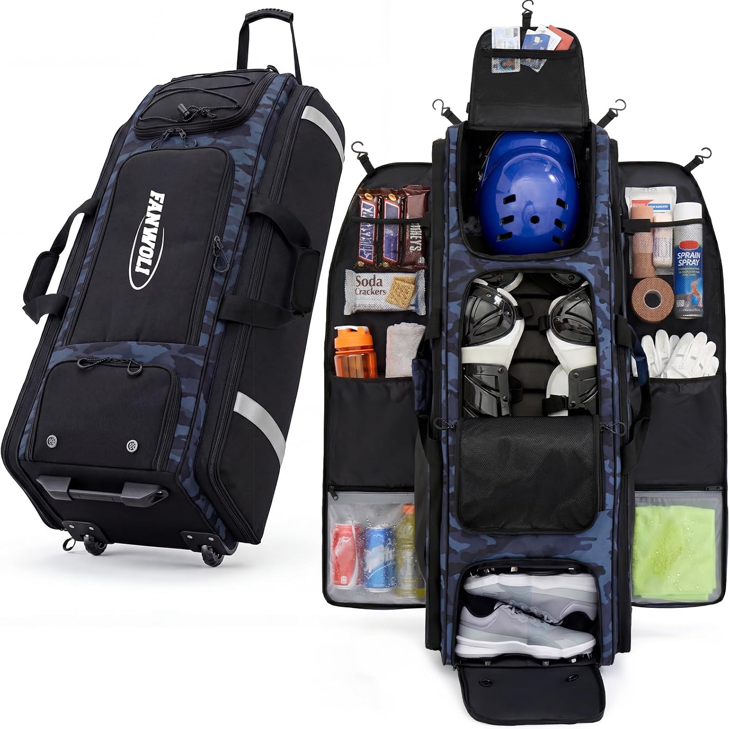 Fanwoli 100L Rolling Catchers Gear Baseball Bag, 5-Hook Dugout Organizer | 8-Bat Storage|Removable Dividers|Vented Shoe Zone|All-Terrain Wheels|900D Water-Resistant|Wet/Dry Pockets|360° Reflective