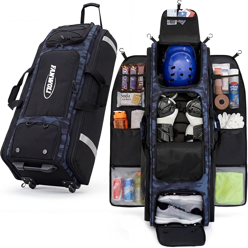 Fanwoli 100L Rolling Catchers Gear Baseball Bag, 5-Hook Dugout Organizer | 8-Bat Storage|Removable Dividers|Vented Shoe Zone|All-Terrain Wheels|900D Water-Resistant|Wet/Dry Pockets|360° Reflective