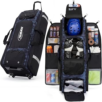 Fanwoli 100L Rolling Catchers Gear Baseball Bag, 5-Hook Dugout Organizer