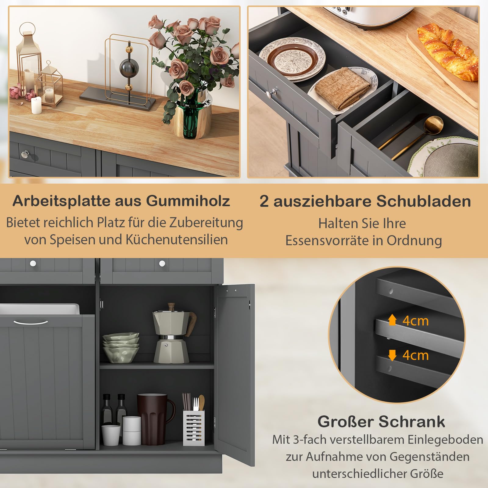 COSTWAY Kommode für Mülleimer 42L, Küchenschrank mit großer Arbeitplatte & 2 Schubladen & verstellbarem Regal, Mülleimerschrank mit Mülleimerhalter, Schrank für Küche ohne Mülleimer (Grau)