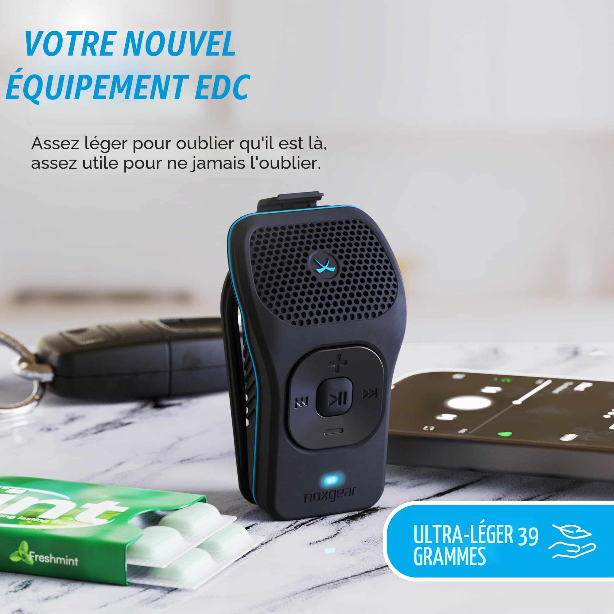 Noxgear Enceinte Bluetooth Portable 39g, Mini-Enceinte magnétique à Clip, étanche, jusqu'à 15 Heures d'autonomie | Enceinte Bluetooth à Clip, avec Microphone intégré, portée de 30 mètres
