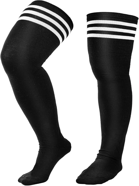 Geyoga Striped over Knee High Socks Women's Ladies Referee Stripe over the Knee Thigh High stockings Black and White Long Thigh Sock Plus Size High Stockings for Girl and Women