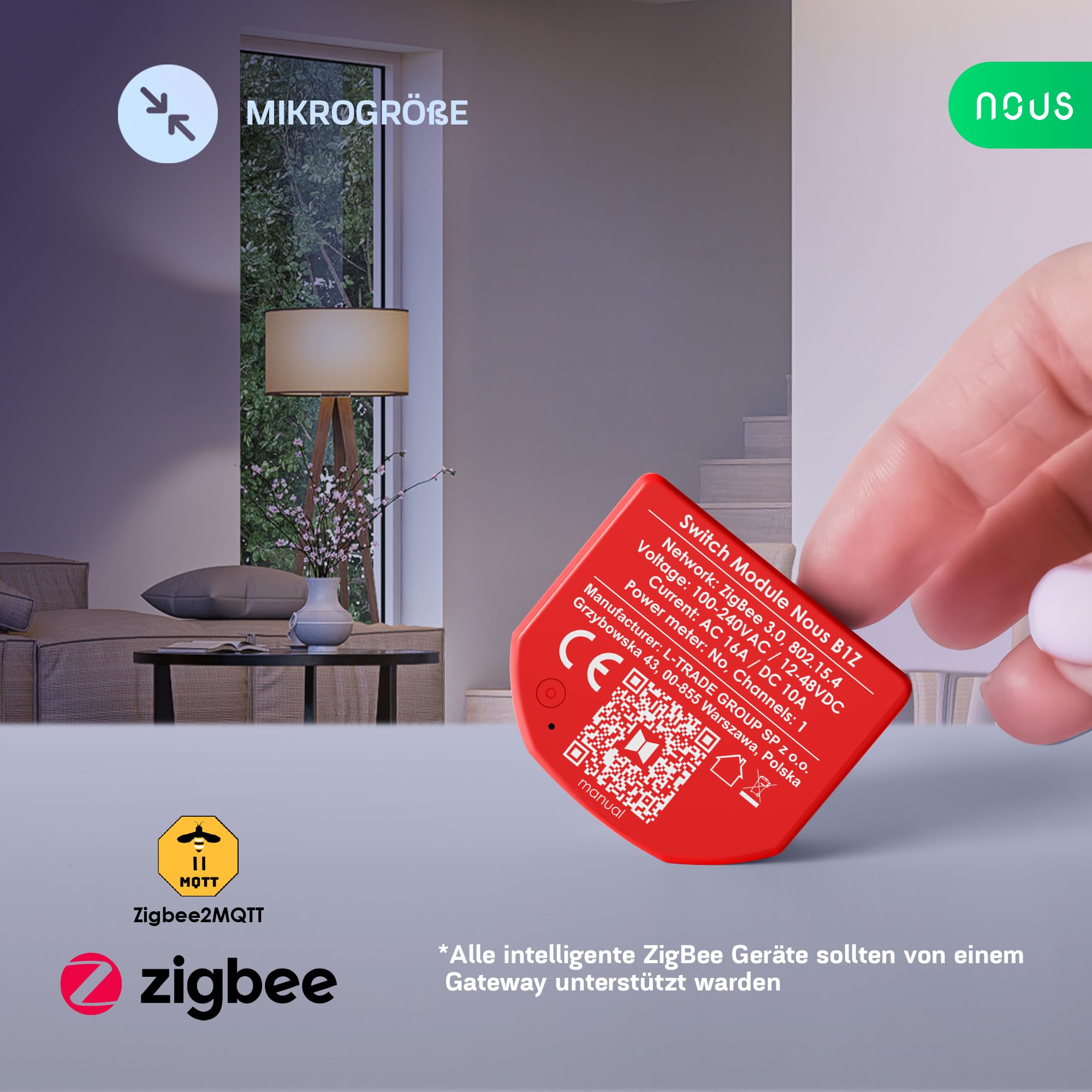NOUS ZigBee Moduły Smart Switch, 1 kanał, AC 16 A/DC 10 A, suche styki, wymagany koncentrator ZigBee 3.0, kompatybilny z Alexa, Google Assistant, Home Assistant, aplikacją Tuya Smart Life
