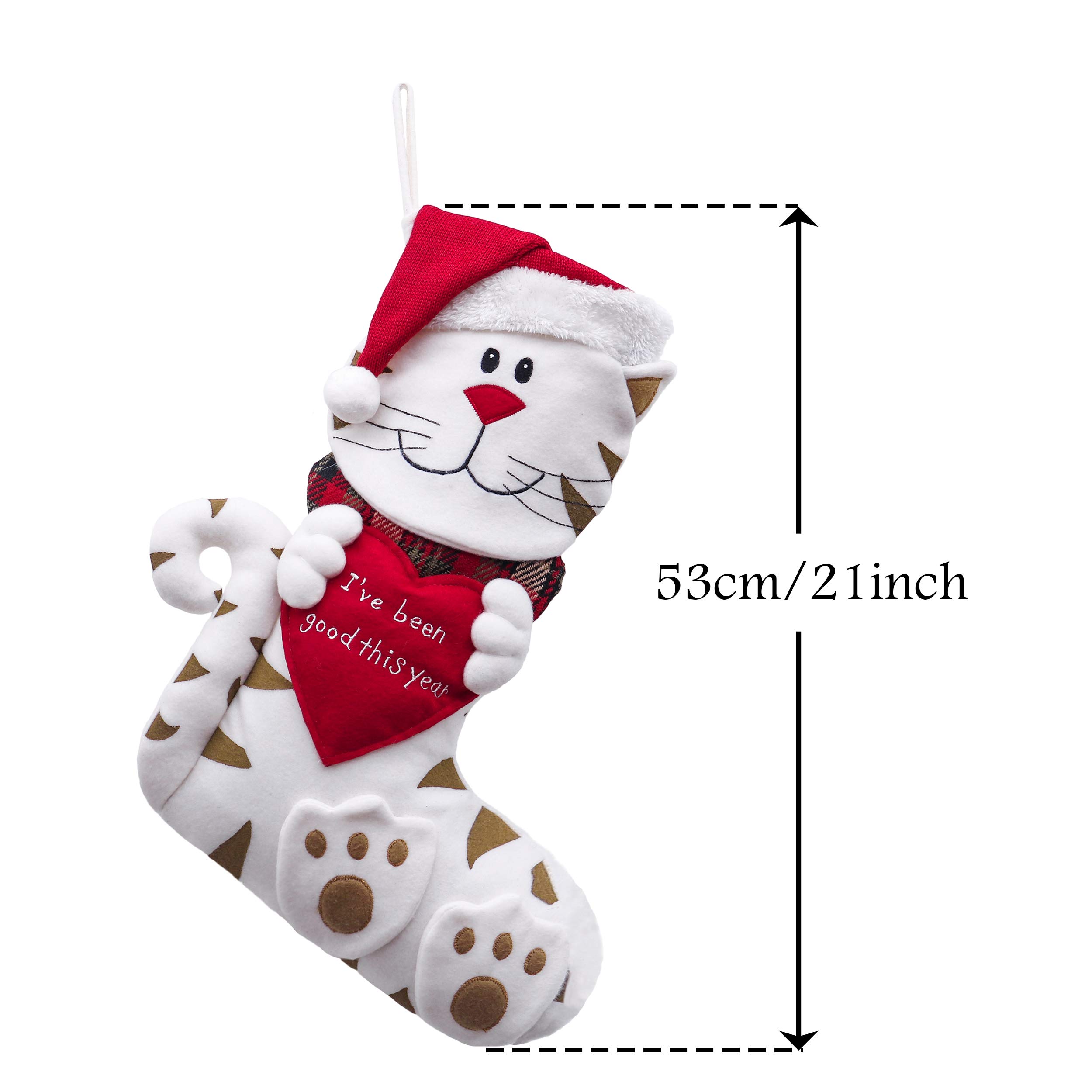 Valery Madelyn Chaussette de Noël en forme de chat rayé de 53,3 cm, mignonne peluche personnalisée pour cheminée rouge et blanc pour animaux de compagnie pour fêtes de vacances, décorations de Noël et