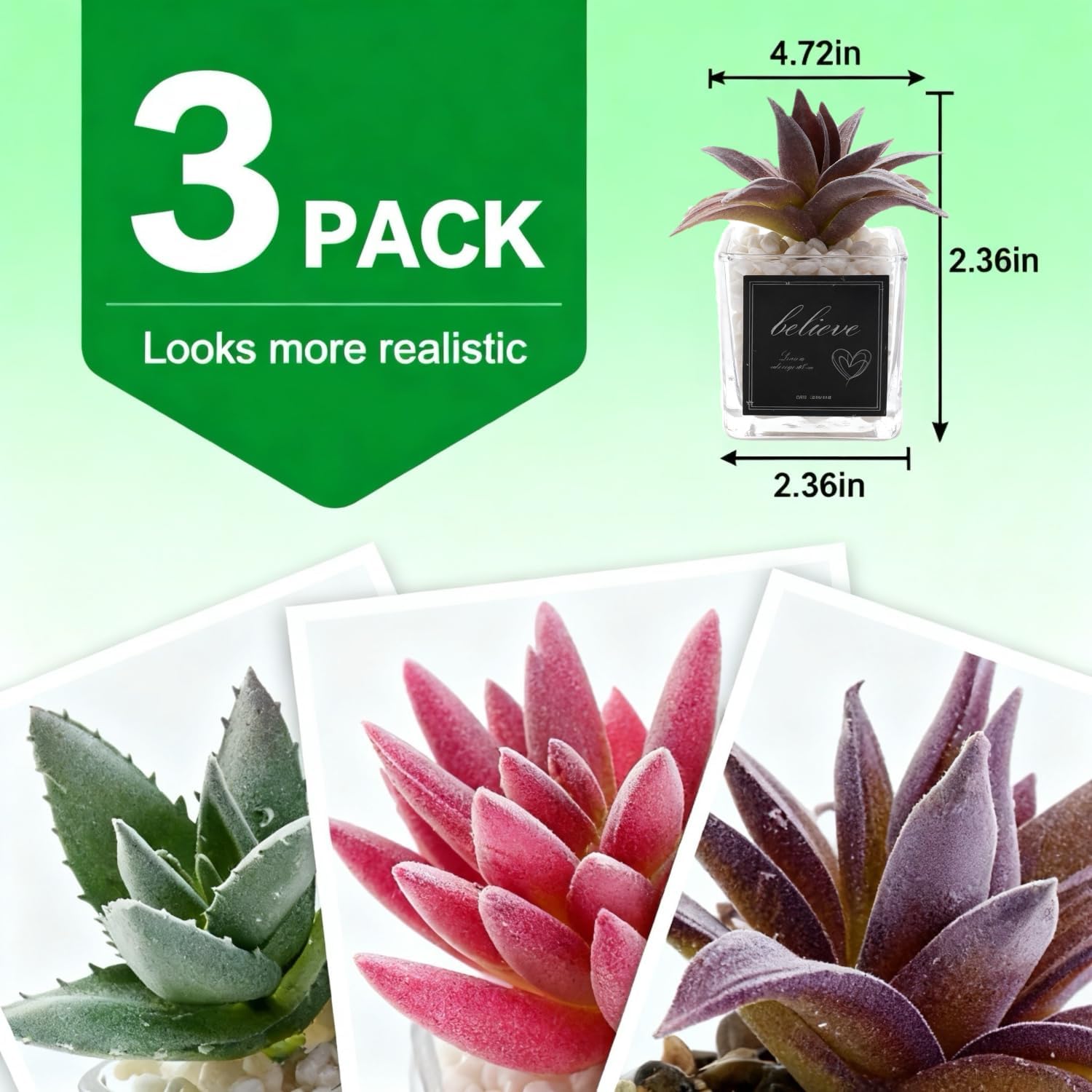 3 Pack Fake Plants Mini Artificial Greenery, Faux Plants in Glass Pots, Small Artificial Plants for Bedroom Aesthetic Living Room Office Shelf Bathroom Decor - Image 5