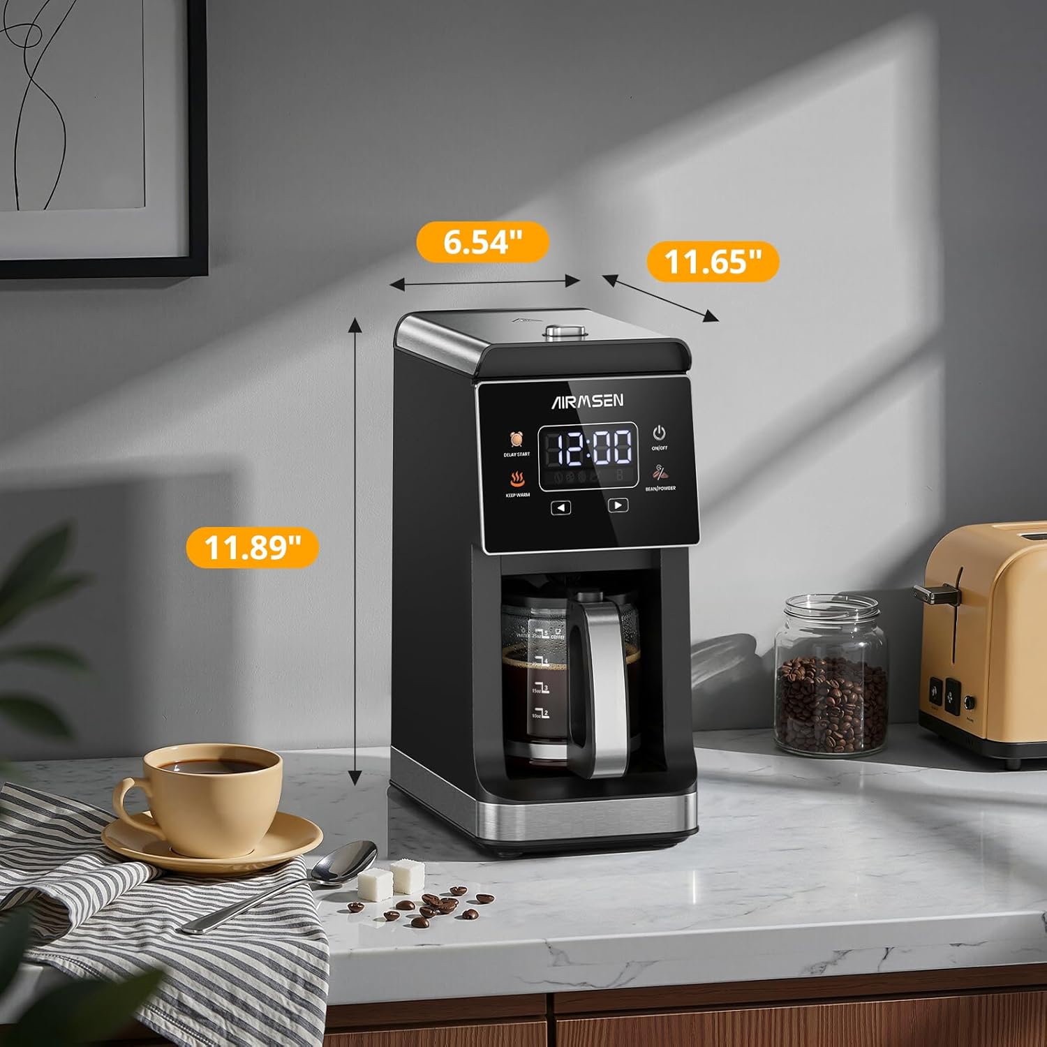 AIRMSEN Grind & Brew Coffee Maker with Built-in Grinder, Programmable Single Serve Coffee Maker - 5 Cup Capacity, 3 Grind Settings, Auto Keep Warm & Glass Carafe for Home and Office