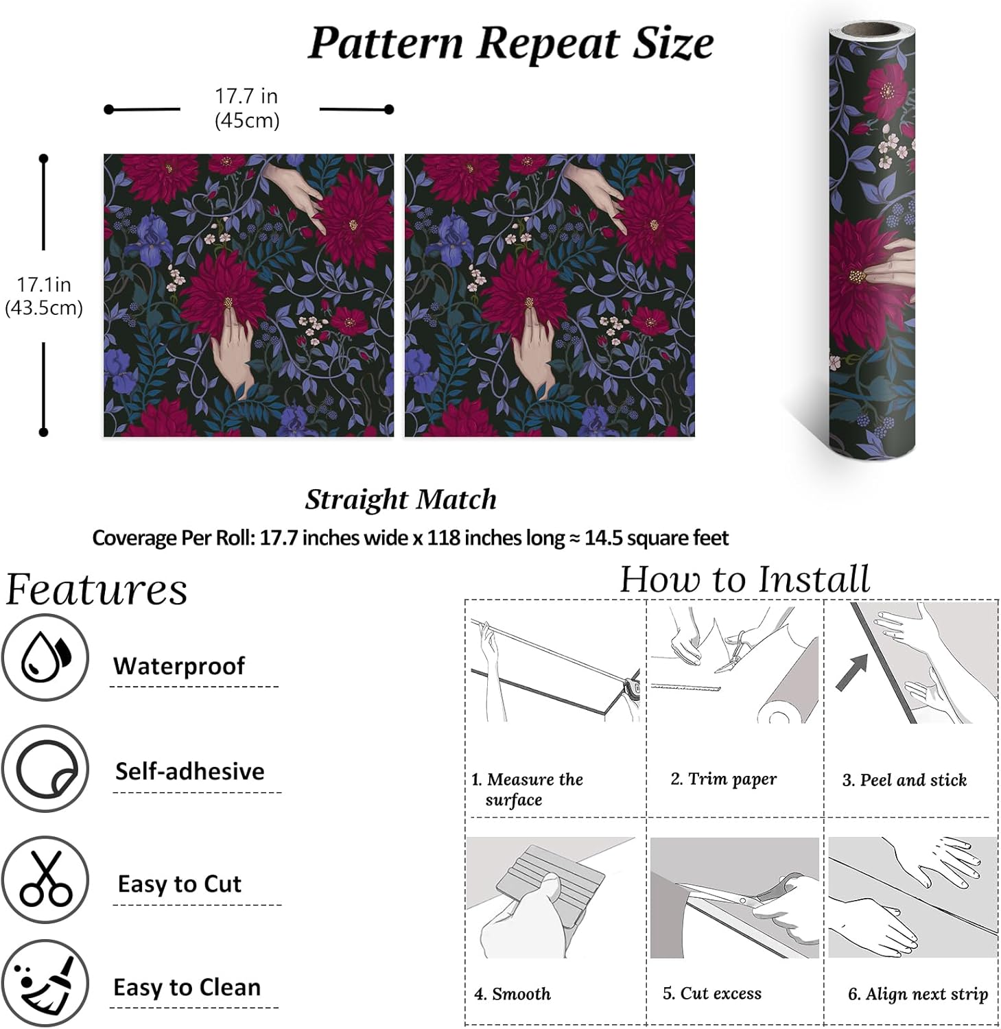 VEELIKE Dark Moody Gothic Peel and Stick Wallpaper Vintage Red Purple Floral Wallpaper for Bedroom Living Room Accent Walls 17.7''x354'' Self Adhesive Removable Wallpaper Floral Art Mural for Bathroom