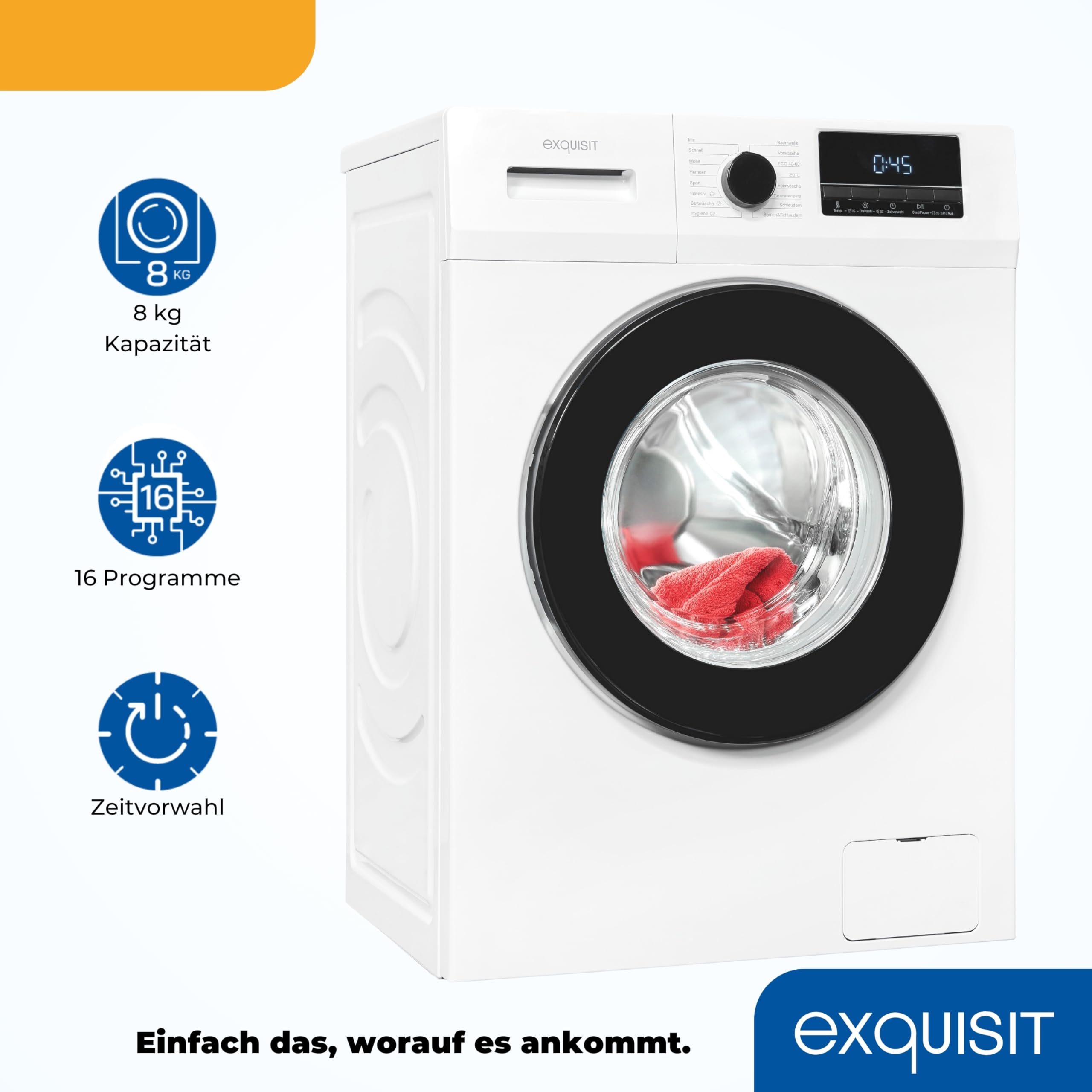 Exquisit Lavatrice WA8014-340A bianca | Lavatrice 8 kg | Efficienza energetica A | 16 programmi di lavaggio | Sicurezza bambini | Scelta orario di inizio