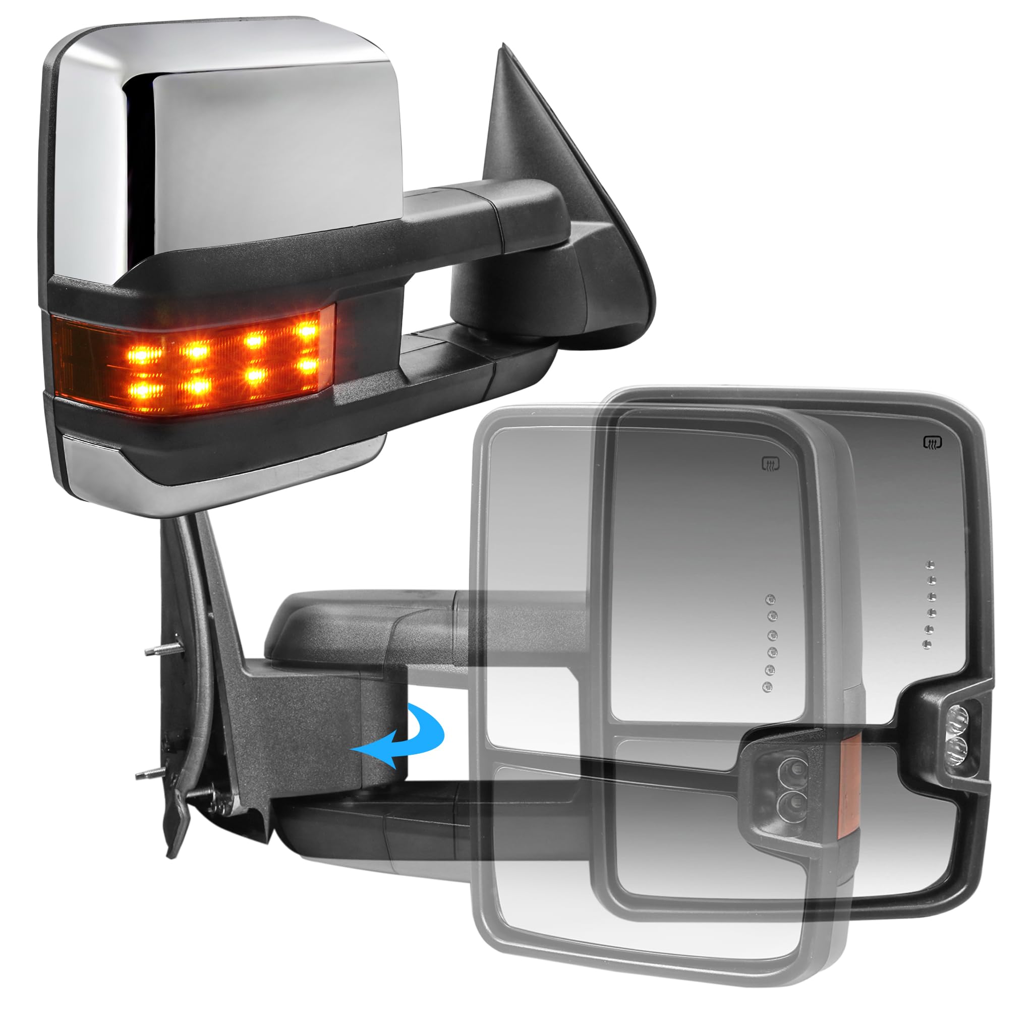 KUIPERAUTO Pair Chrome Power Fold Towing Mirrors Compatible with 07-13 GMC Serria Yukon Chevy Silverado Suburban Tahoe w/Turn Light,Control Switch,