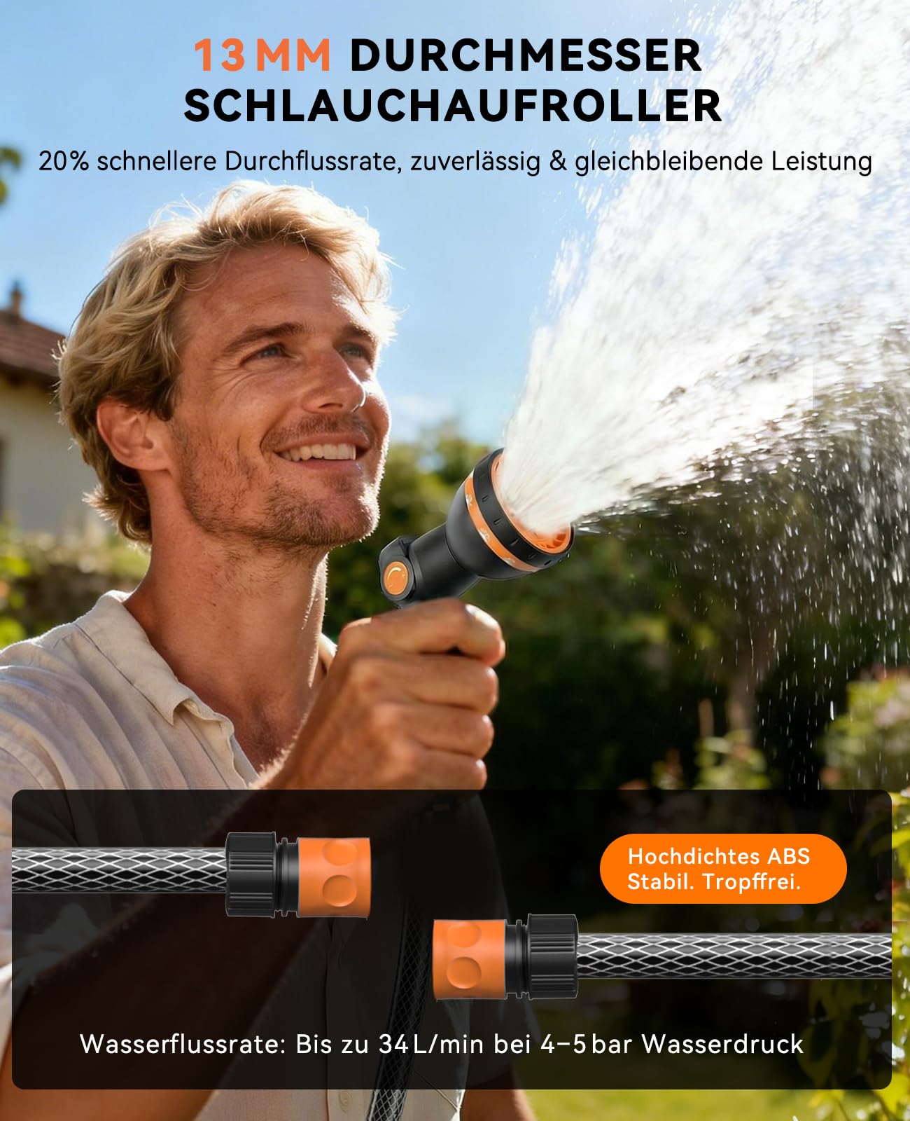 SUNPOW Wand Schlauchbox RollUp 35 M - Schlauchtrommel Wandmontage Mit 10 Funktion Sprayer Düse - Jede Länge Schloss & Auto Rewind System, 180° Schwenkbar - Grau