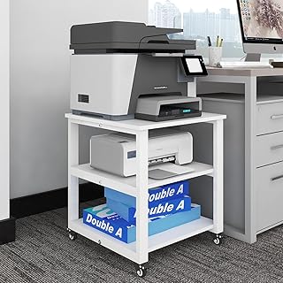 PUNCIA 50 x 50 x 51 cm Soporte para Impresora Estante de 3 Niveles con Ruedas Universales Mueble Móvil Oficina para Impresora de Madera y Metal Carro de Almacenaje para Despacho Escuela Estudio Blanco