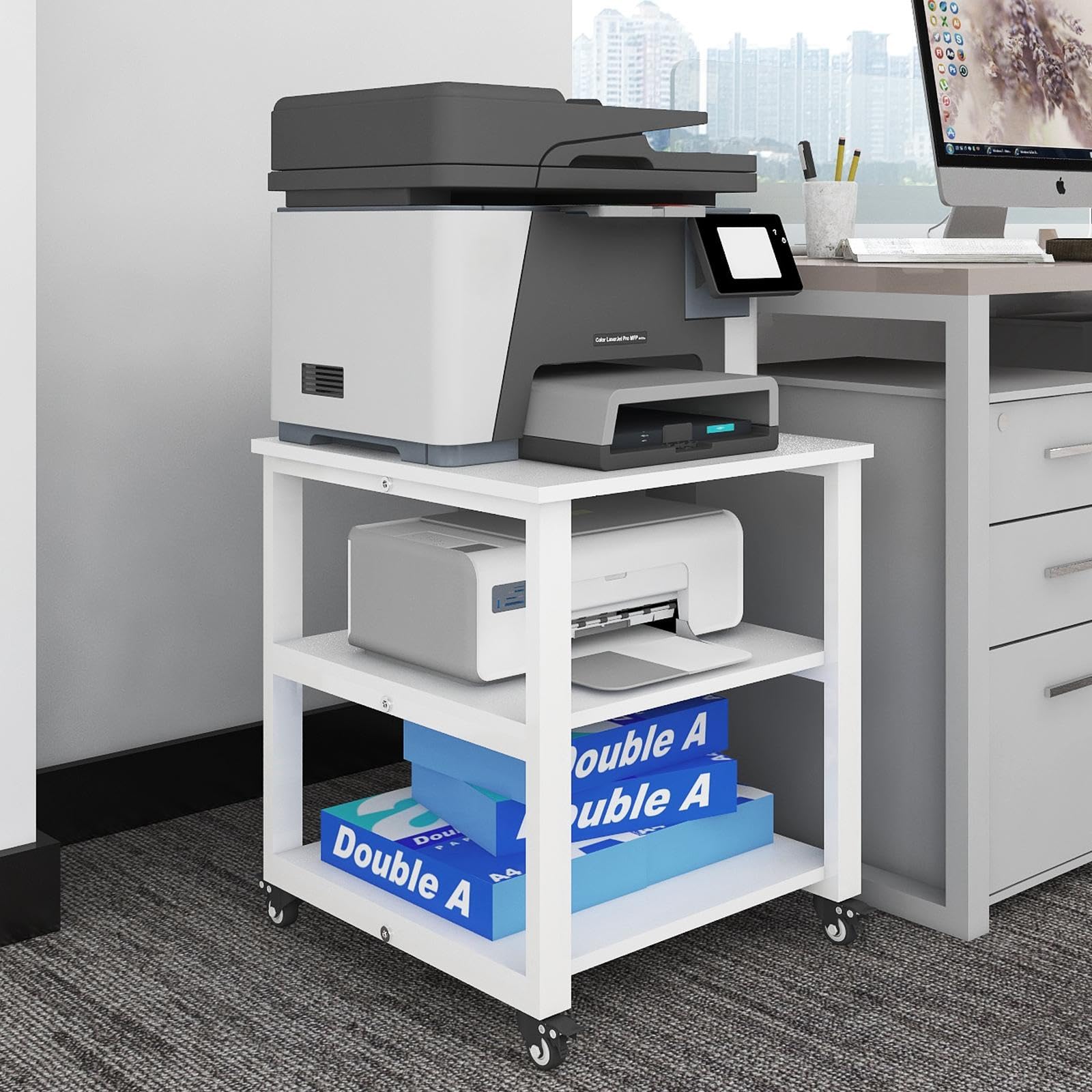 PUNCIA 3-Ebene Druckertisch mit Universalrollen mobiler Druckerständer aus Holz & Metall Druckerwagen Stauregal 50x50x50cm bis zu 70 kg belastbar weiß für Büro Zuhause Office Schule