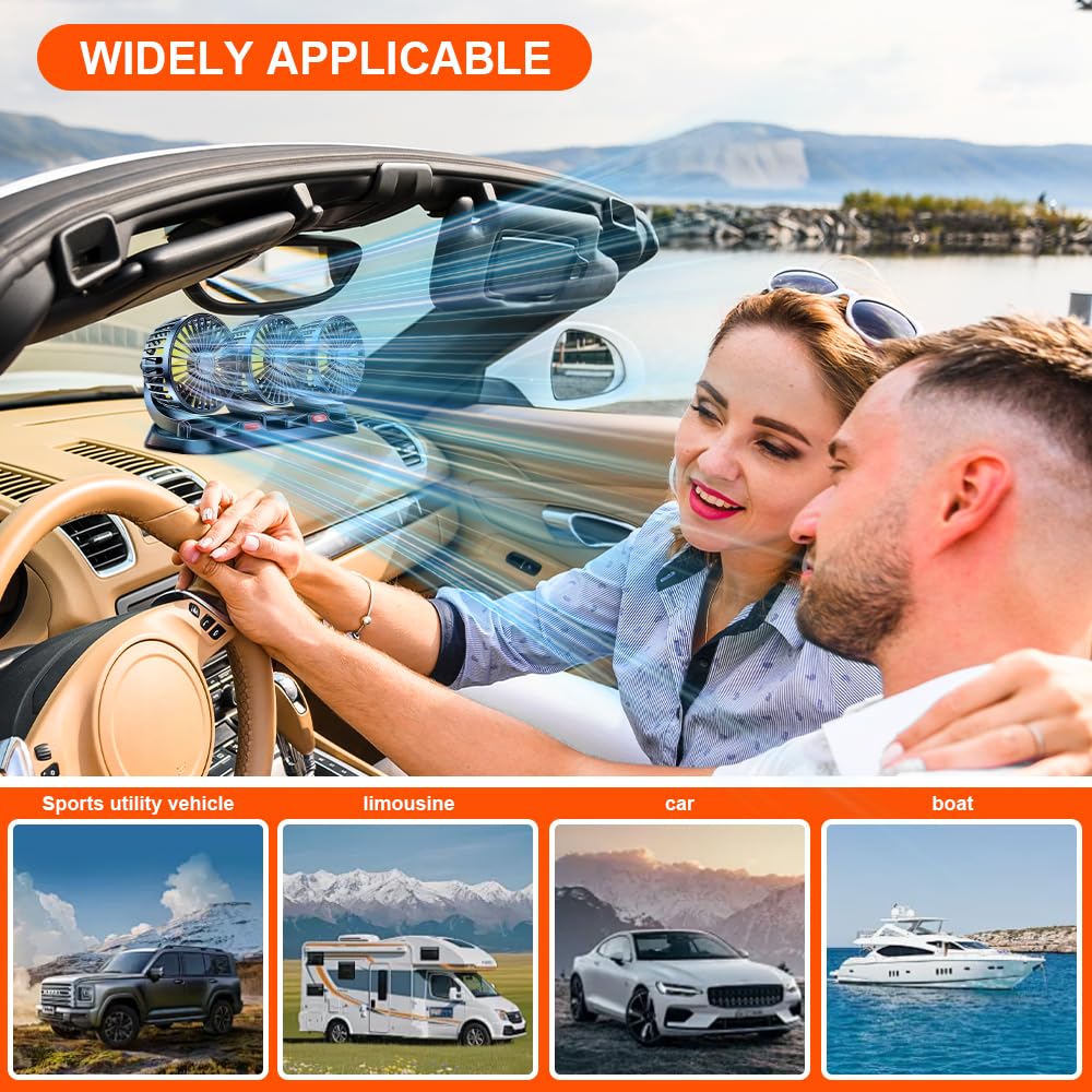 Lotvic Ventilateur de Voiture à Trois Têtes avec 2 Modes de vent fort et Rotation à 360°, Ventilator Auto pour SUV, RV, Camion, Van, Véhicules