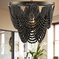 Vista 11 de Lámpara de techo bohemia negra con cuentas de madera de 12.6 pulgadas, montaje empotrado y semiempotrado para comedor, dormitorio, pasillo