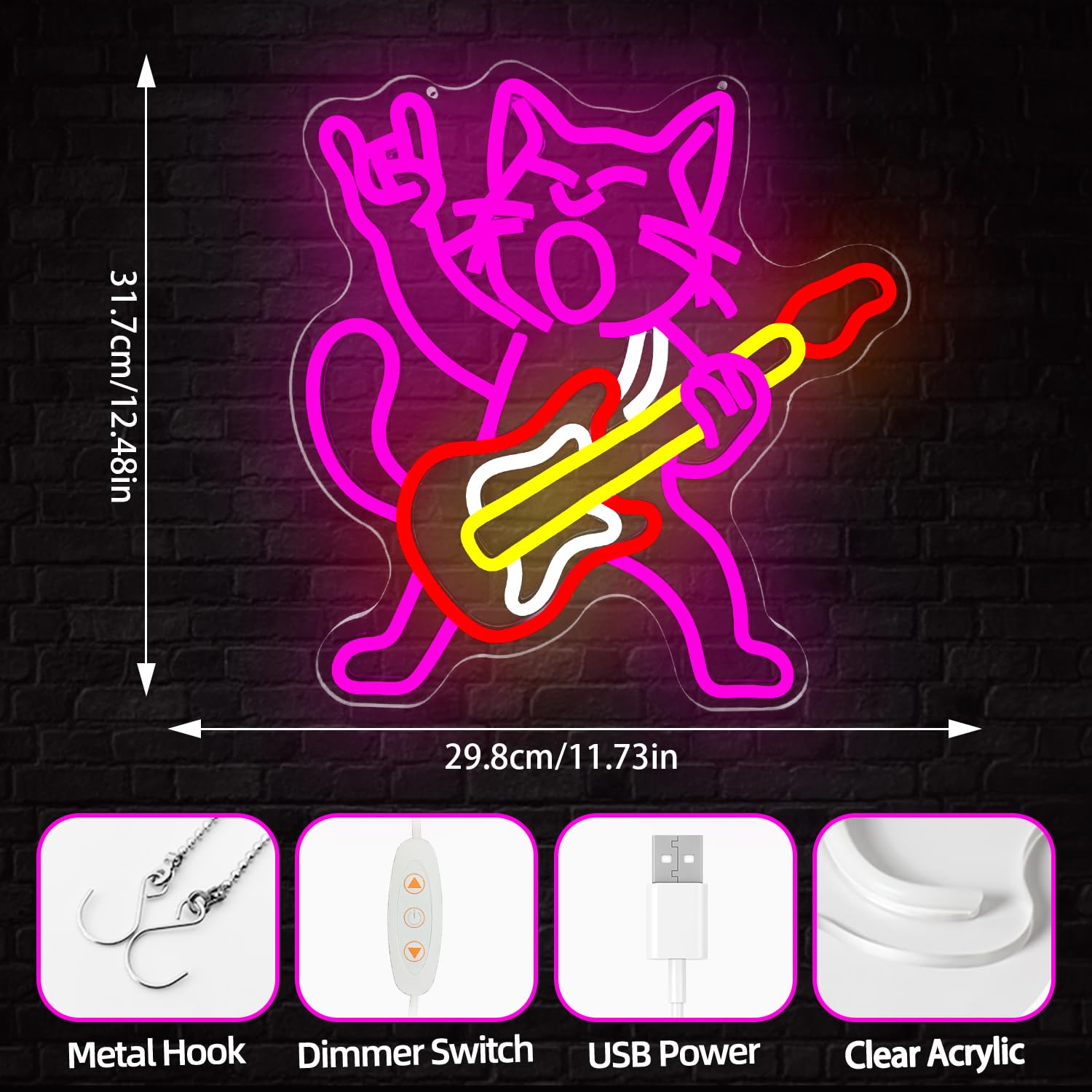 Insegne al neon per chitarra a forma di gatto per decorazione da parete dimmerabile Rock & Roll Kitty Luci al neon USB Gatto che suona la chitarra Segno Led Musica Gatti Decorazione da