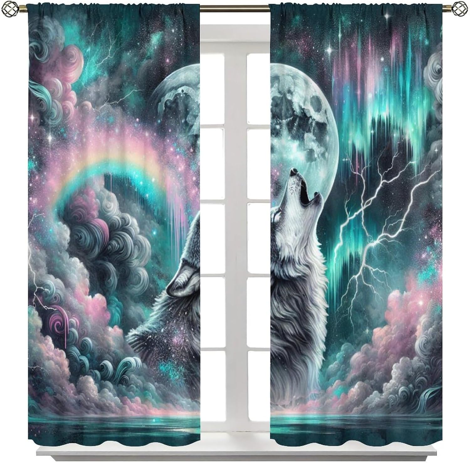 Wolf Rod Pocket Blackout Curtains for Boy Girl Bedroom Dream Wild Animals Fantasy Rainbow Starry Night View Blackout Window Treatment for Living Room Bedroom Decor Window Drapes 42" W X 45" L