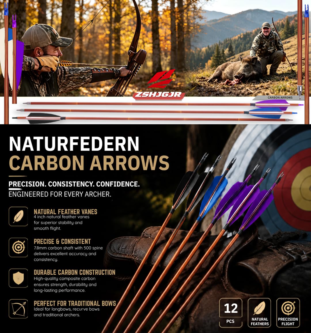 12 Stück 32 Zoll Carbon Pfeile für Bogenschießen Naturfedern Langbogen oder Compoundbögen Carbonpfeile mit Austauschbare