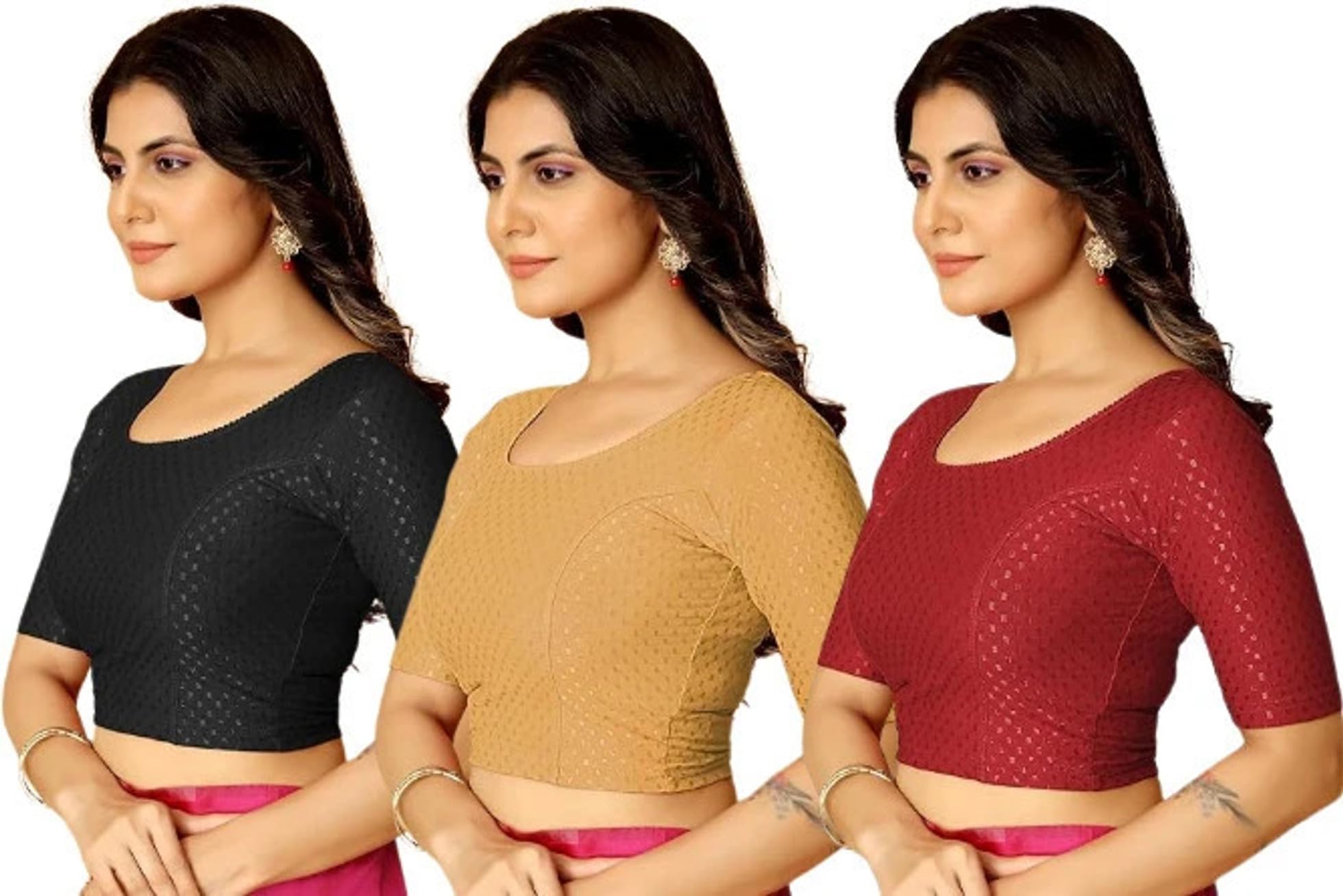 vonsa Women’s Dobby Cotton Blend Stretchable Saree Blouse, Round Neck Readymade Choli with Elbow Length Sleeves, Comfortable Ethnic Wear for Daily-picture-40