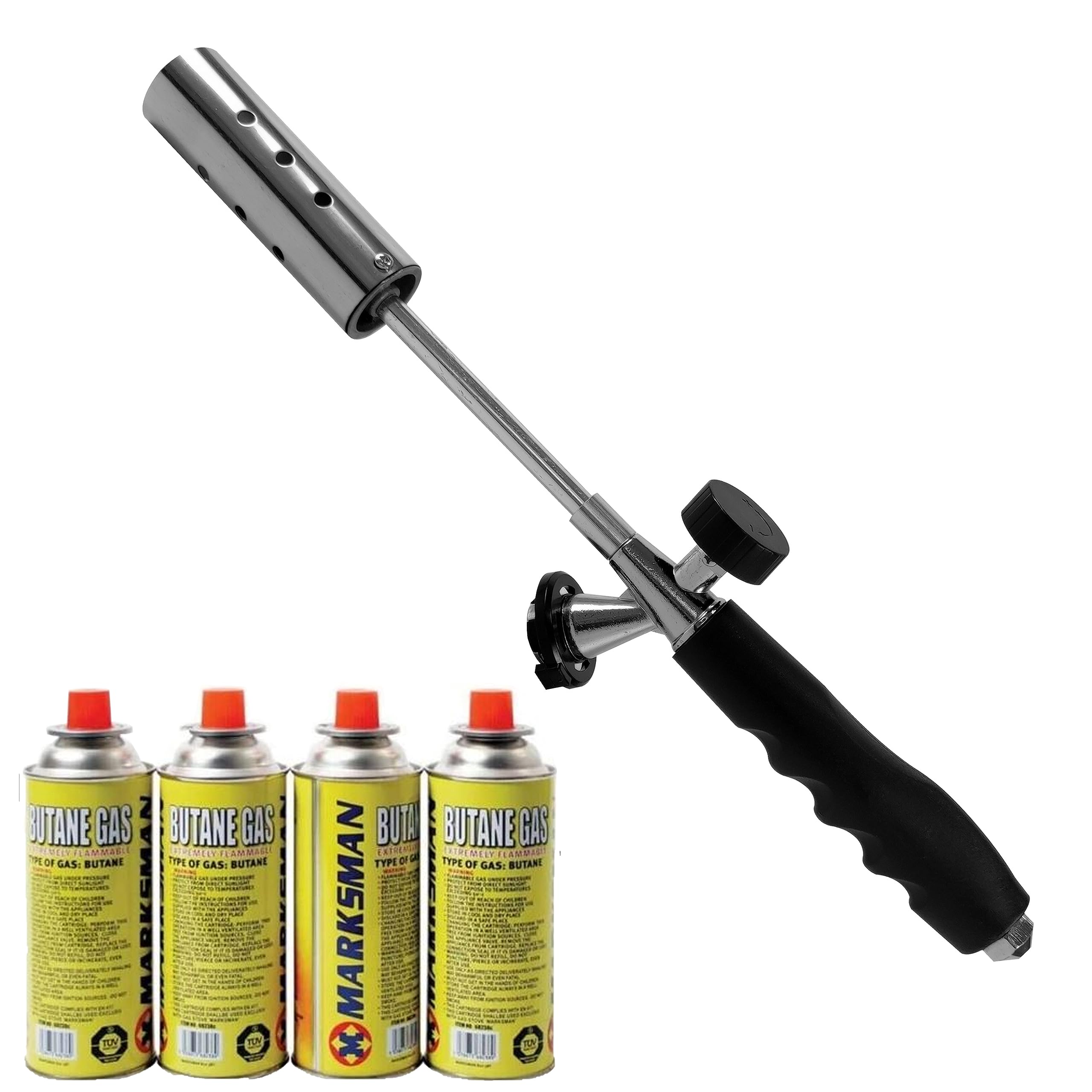 AMOS Handheld Gas Weed Burner Garden Blowtorch Wand Adjustable Flame Removes Weeds Moss Plants with 4 X Gas Cans
