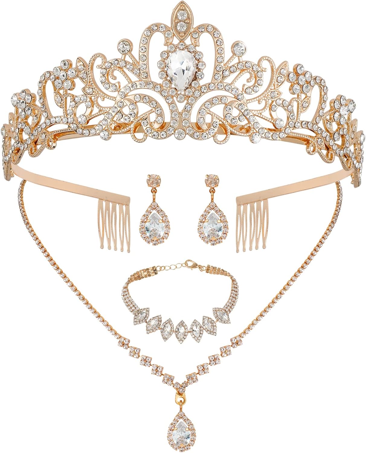 CIEHER 4/5 Pieces Women Jewelry Set - Rhinestone Crown + Drop Necklace + Elegant Bangle Bracelet + Crystal Teardrop Dangle Earrings for Bridal Wedding Party