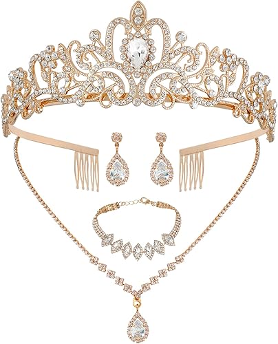 CIEHER 45 Pieces Women Jewelry Set - Rhinestone Crown + Drop Necklace + Elegant Bangle Bracelet + Crystal Teardrop Dangle Earrings for Bridal