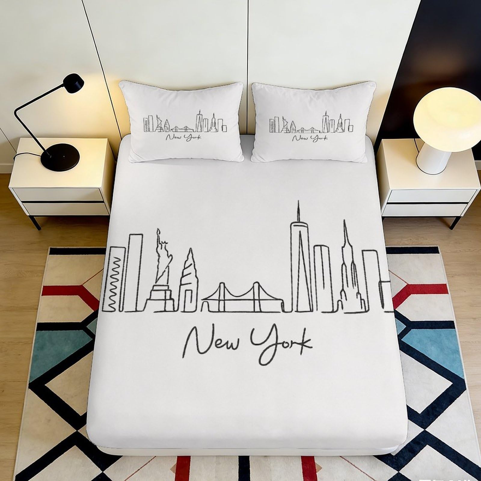 Jqzkxnhpbr Style-6 3D Printed New York Skyline Fitted Sheet Microfiber Urban Cityscape Bed Cover Anti-Slip Washable Decor For Bedroom 90X200x25cm