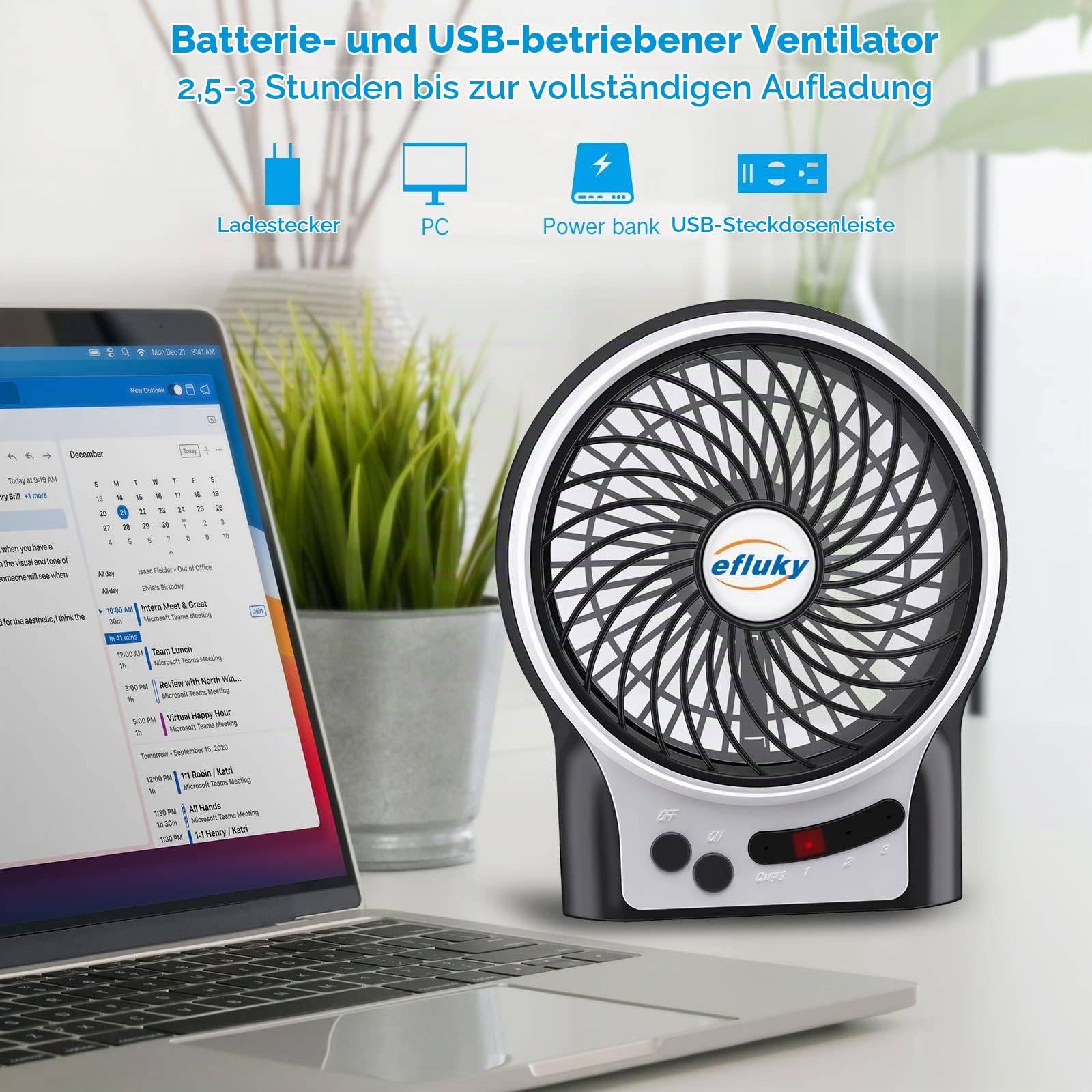 efluky 3 Speeds Mini Desk Fan, Rechargeable Battery Operated Fan with LED Light, Portable USB Fan Quiet for Home, Office, Travel, Camping, Outdoor, Indoor Fan, 4.9-Inch, Black