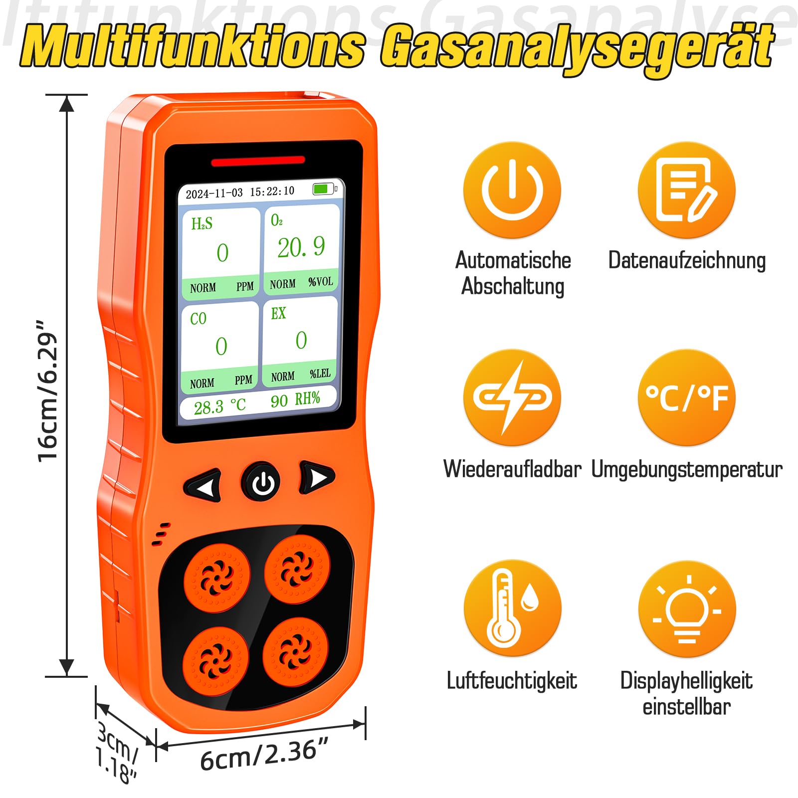 4 Gasmelder, Tragbar 4 Gas Monitor für H2S, CO, LEL und O2 Analysator, Wiederaufladbarer 4 Gasdetektor mit Ton, Licht und Vibration, Orange