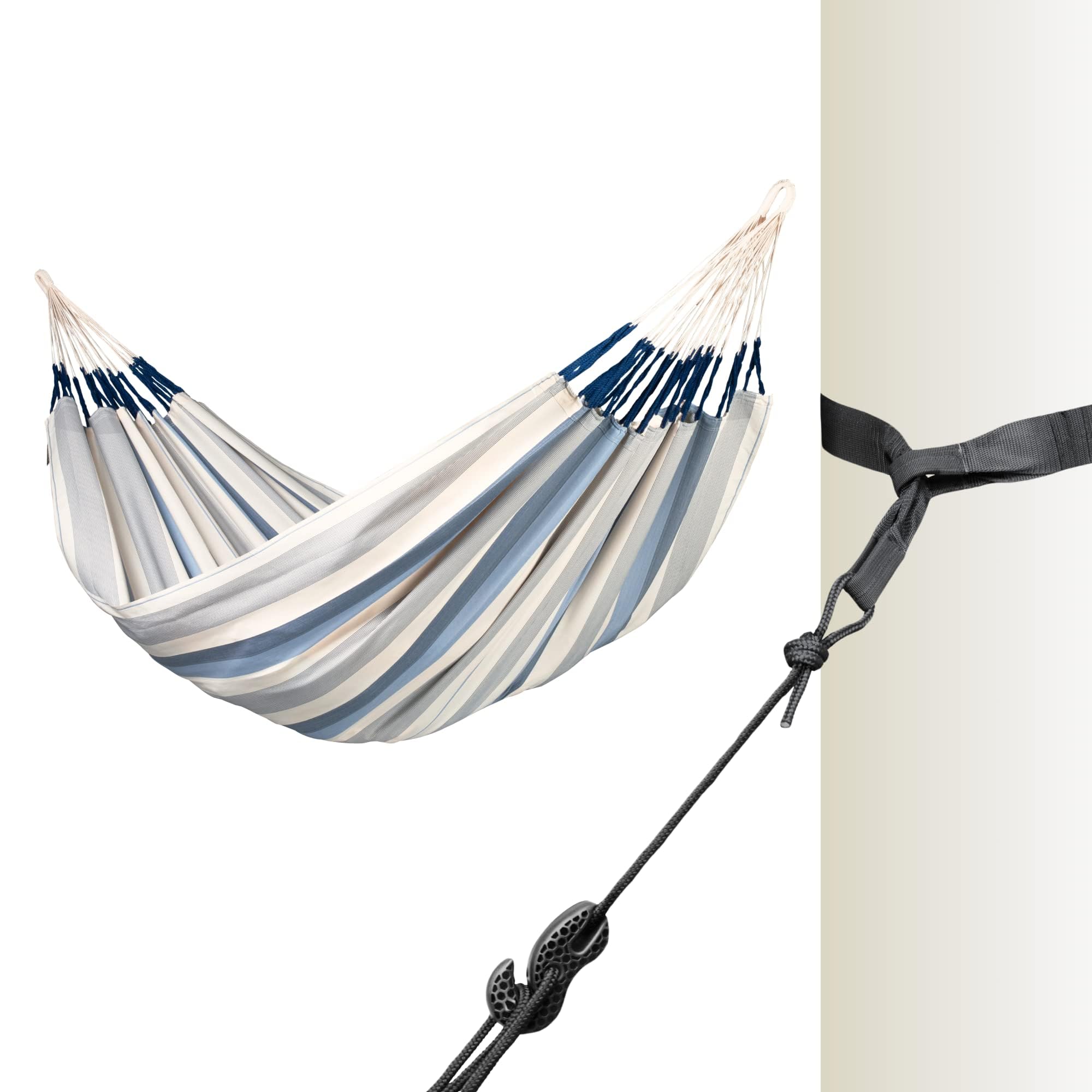 LA SIESTA® - Brisa - klasyczny hamak podwójny + mocowanie na drzewie i słupkach, ręcznie wykonany w Kolumbii, szerokość 160 cm, zapewnia relaksujące chwile wewnątrz i na zewnątrz. (Sea Salt)