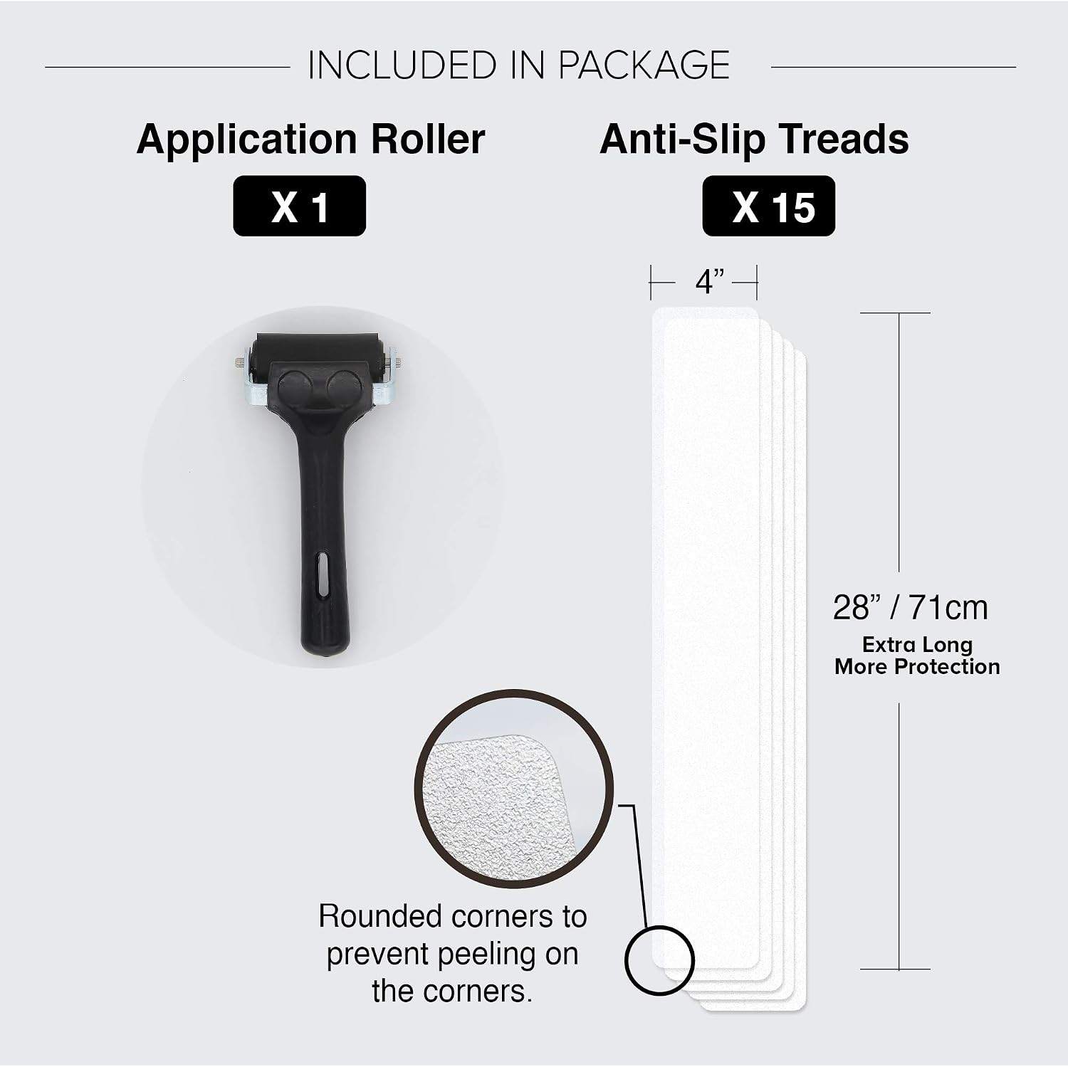 LifeGrip (15-Pack) Pre Cut Transparent 4" x 28" Anti Slip Strips, with Application Tool, Non Slip, Adhesive Stair Treads, Indoor, Outdoor, PVC Free (4"X28"X15P-Treads+Roller, Clear)