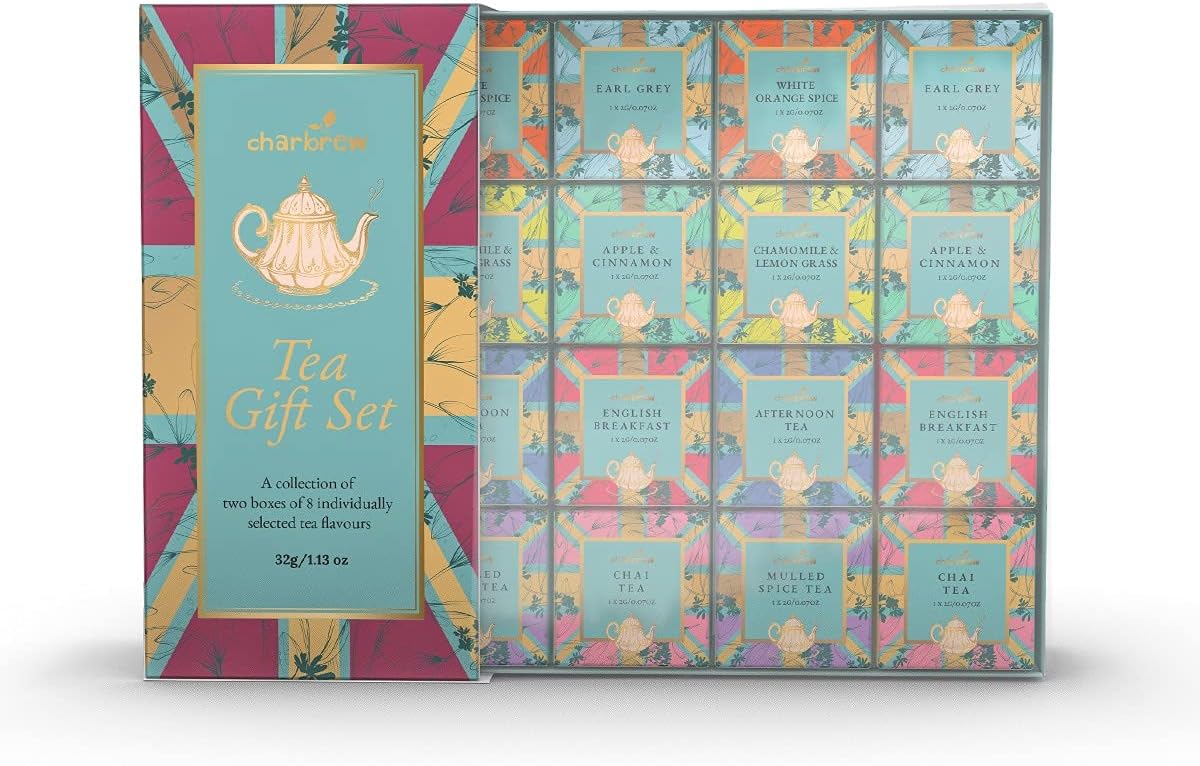 Charbrew British 16 Box Assortment Tea Gift Set - 16 Mesh Teabags 8 Mix Tea Blends Including Classic & Herbal/Fruit