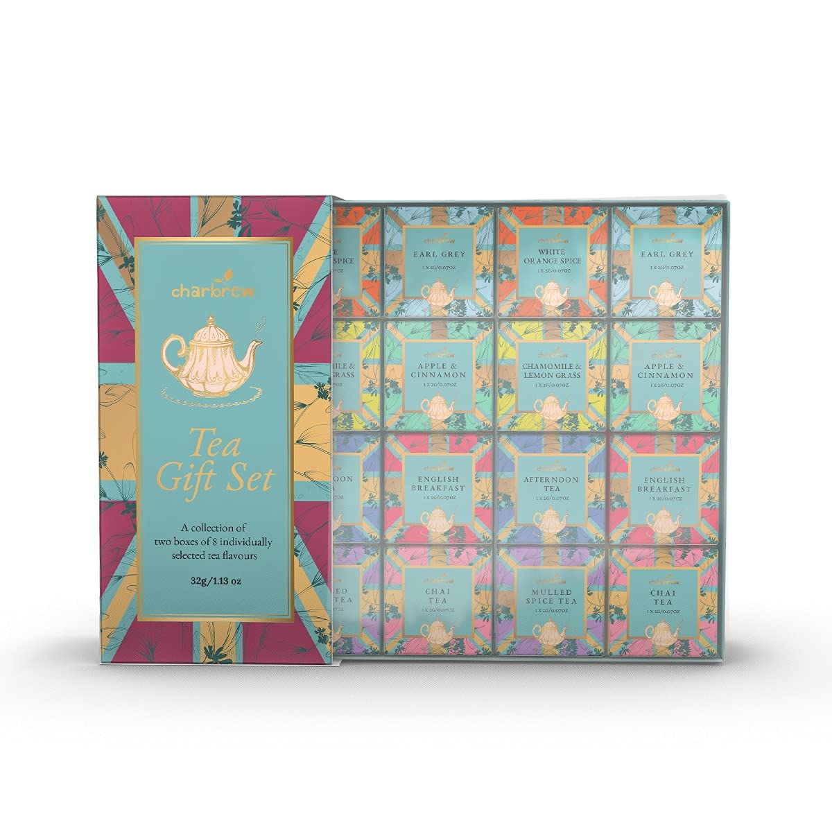 Charbrew British 16 Box Assortment Tea Gift Set - 16 Mesh Teabags 8 Mix Tea Blends Including Classic & Herbal/Fruit