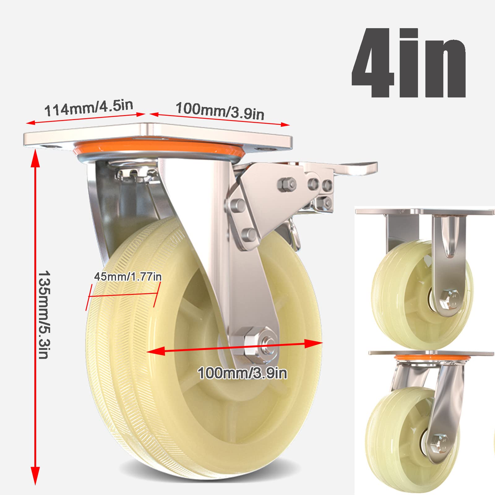 Wytrzymałe kółka do wózków przemysłowych Cs 10 cm, ciche nylonowe rolki meblowe, szerokość 45 mm, przenośne, zapasowe koła z hamulcem, duża nośność, idealne do poruszania się