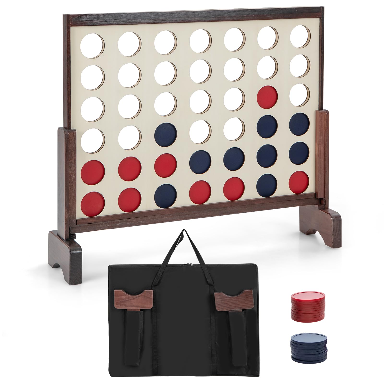 COSTWAY Giant 4-in-a-row Game Set, Wooden Jumbo 4 to Score with 42Pcs Chips, Fabric Carrying Bag, Indoor Outdoor Connect 4 for Kids Adults (Brown)