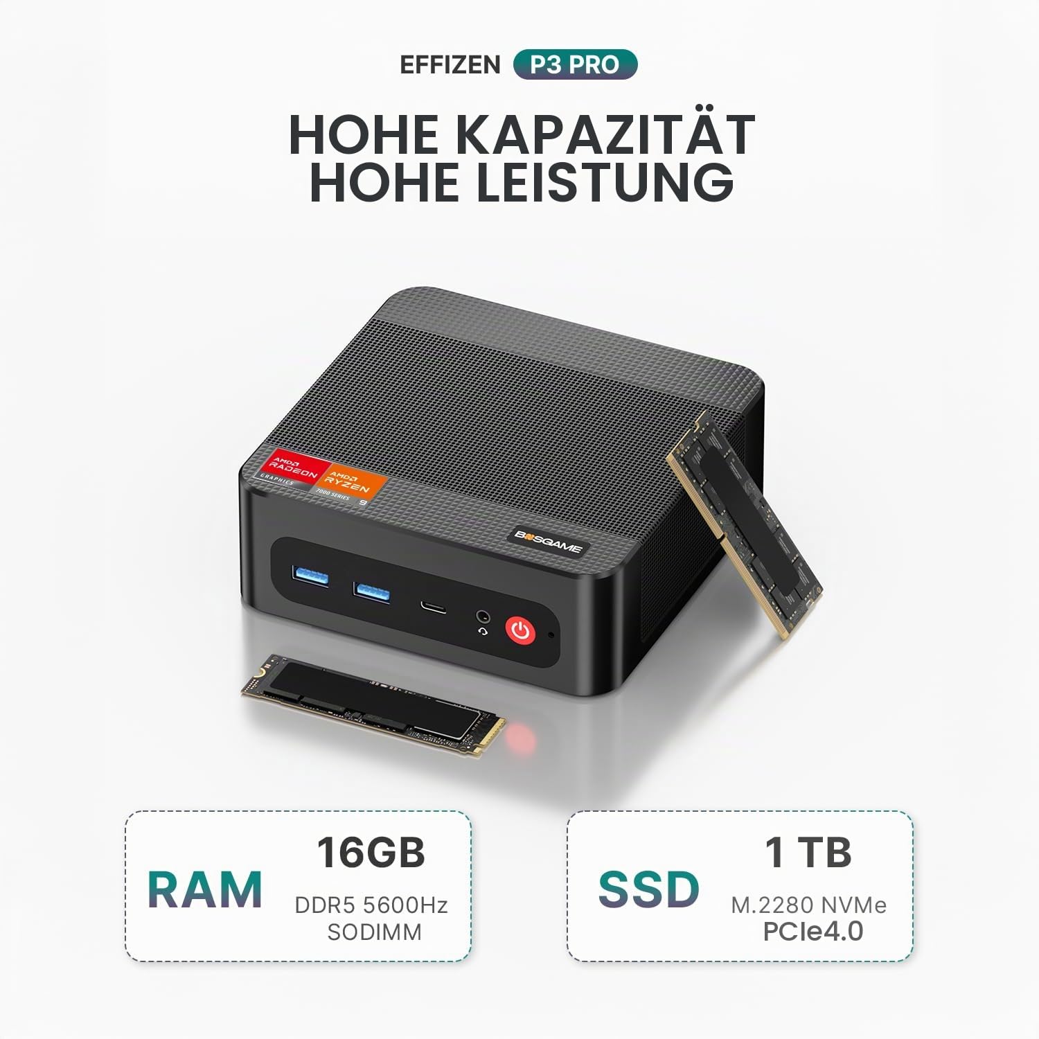 BOSGAME P3 Pro Büro- und Gaming-Mini-PC, Ryzen 9 7940HS (bis zu 5,2 GHz), 16 GB DDR5-RAM, 1 TB PCIe 4.0 SSD, Mini-Computer, 4K-Dreifachanzeige, HDMI 2.0/DP/USB-C, Dual-LAN, Wi-Fi 6E, BT5.2, Small PC