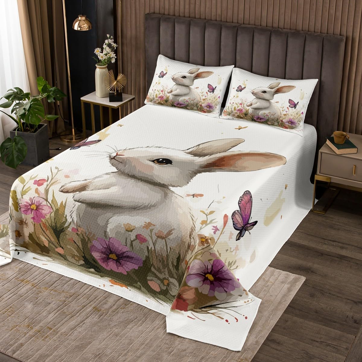 Easter Bunny Quilt Set Easter Floral Rabbit Bedspread Set Twin for Kids Boys Girls Teens Bedroom Decor,Rustic Farmhouse Butterfly Flowers Quilted Coverlet Cute Bunnies Animal Bed Cover