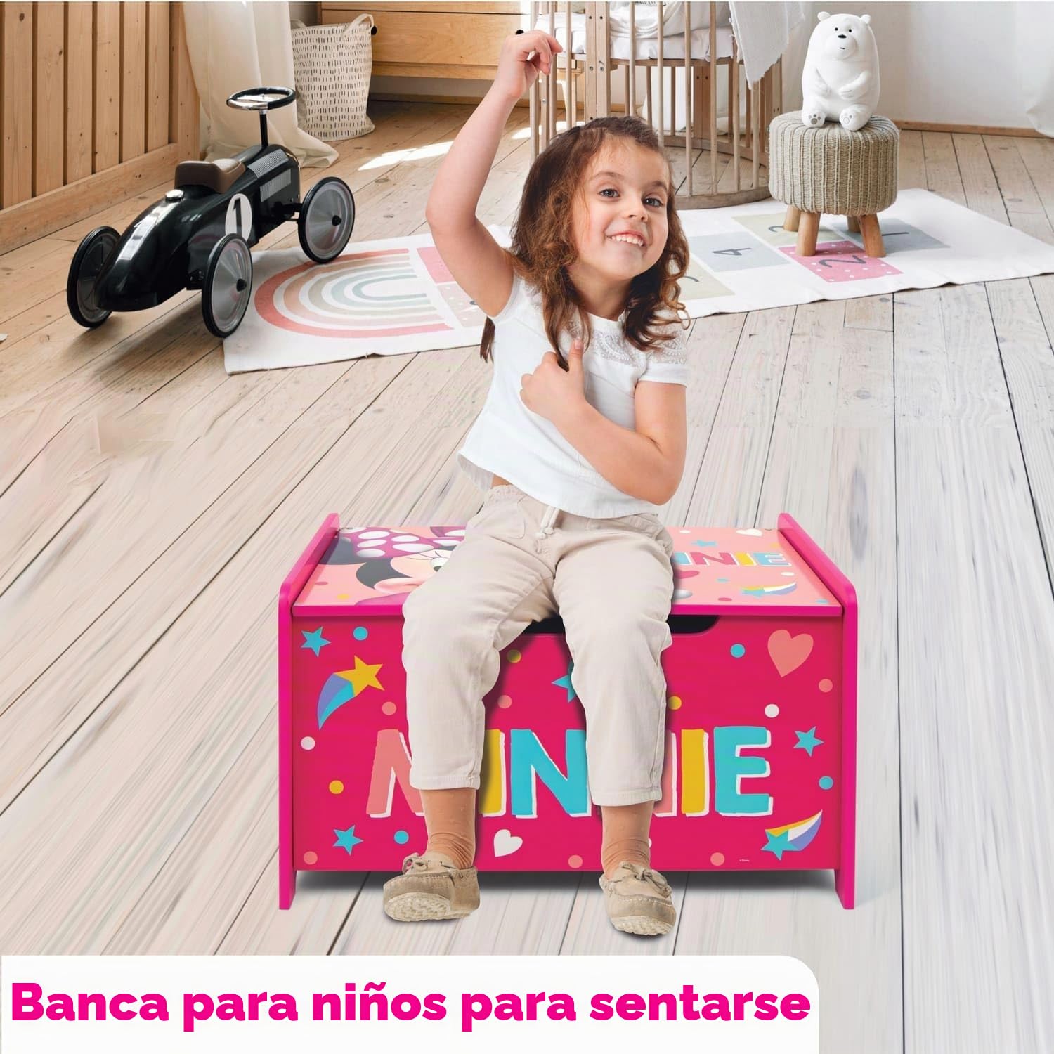 ARDITEX - Banco juguetero de madera de Minnie Mouse Licencia Oficial Disney - 62.5x40x37cm - Color rosa y blanco - Ideal para almacenar juguetes, ropa o cosas en un dormitorio infantil