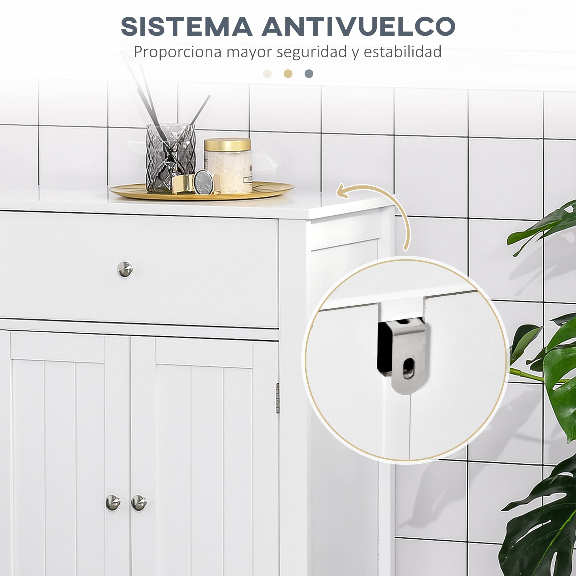 kleankin Armario de Baño de Almacenaje Multifuncional Mueble Auxiliar con 2 Puertas 1 Cajón y Estante Interior Ajustable Antivuelco para Cocina Salón 60x30x80 cm Blanco