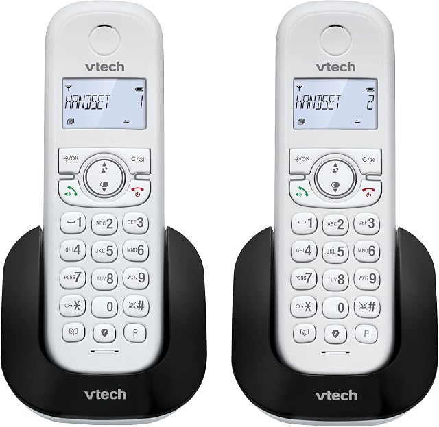 VTech CS1501 2-Handset Dual-Charging DECT Cordless Phone with Call Block, Caller ID/Call Waiting, Handsfree Speakerphone, Backlit Display and Keypad,White
