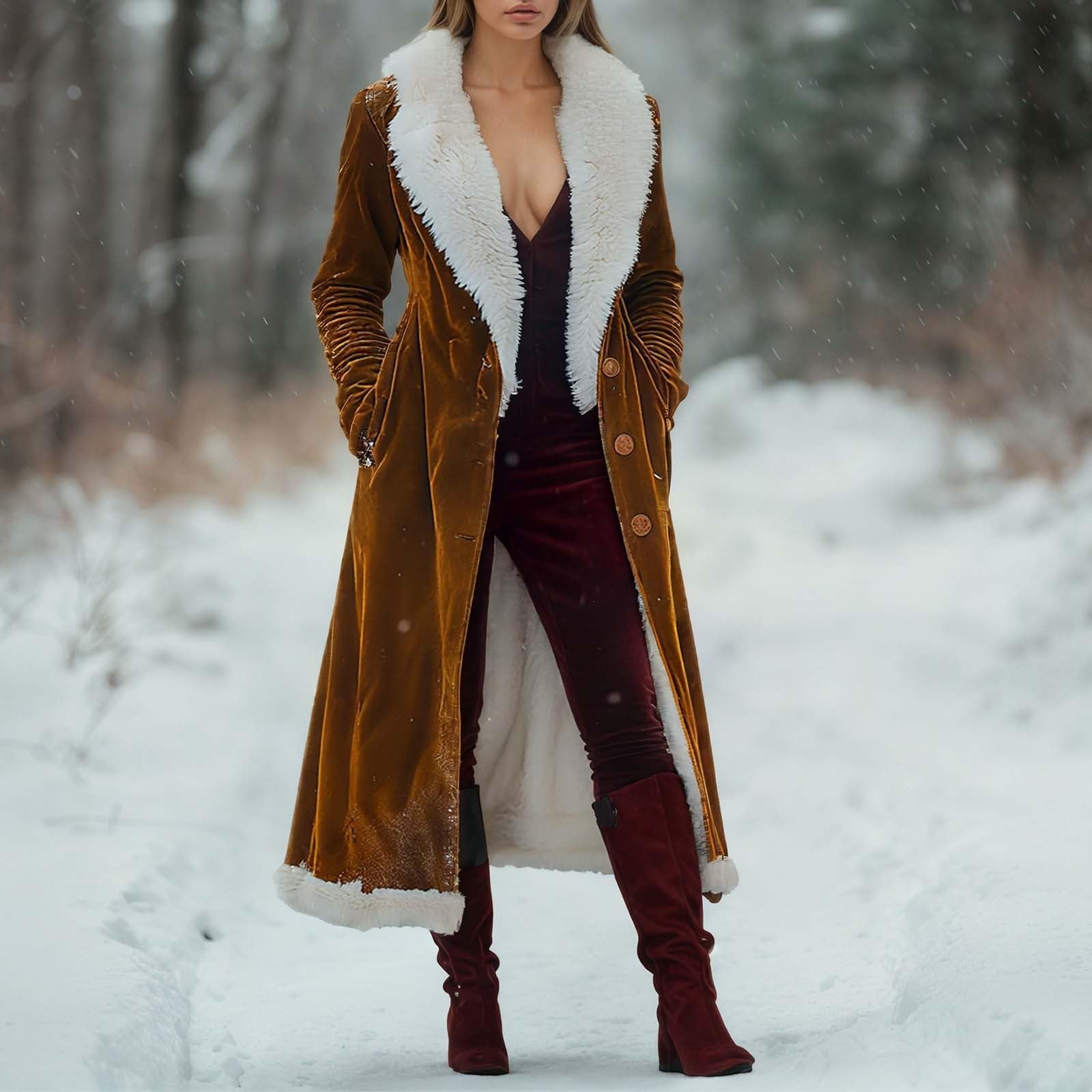 Generisch Trechcoat Damen Lang Mantel Herbst Winter Fleece Übergangsmantel Gefüttert Wintermantel Wollmantel mit Knöpfen Windjacke Retro Western Cowboy Windbreaker Übergangsjacke