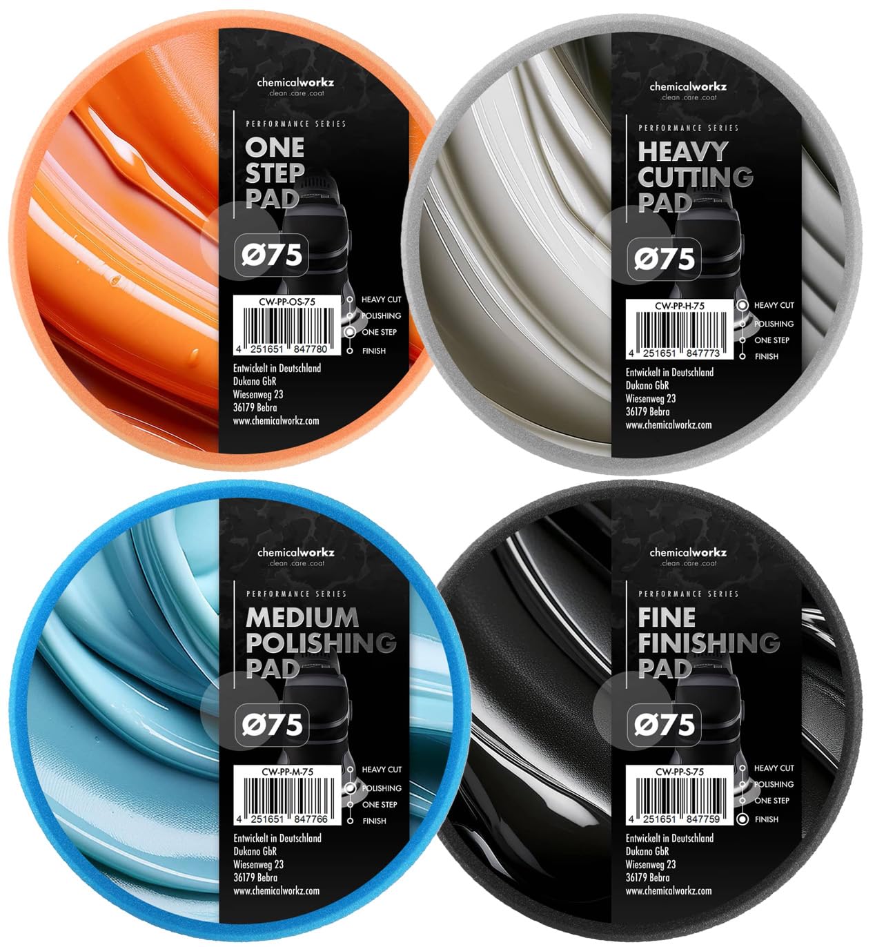 Chemicalworkz Polierpad Set 75mm – Premium Polierschwämme | Effektive Autopolitur, Kratzerentfernung, Lackkorrektur und maximaler Glanz für Exzenter und Rotationspoliermaschinen | 4-teilig