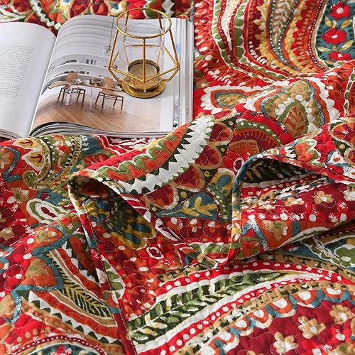 Miniatura 9 de ENASAL Juego de edredón de algodón reversible colcha de cachemira floral rojo tamaño queen