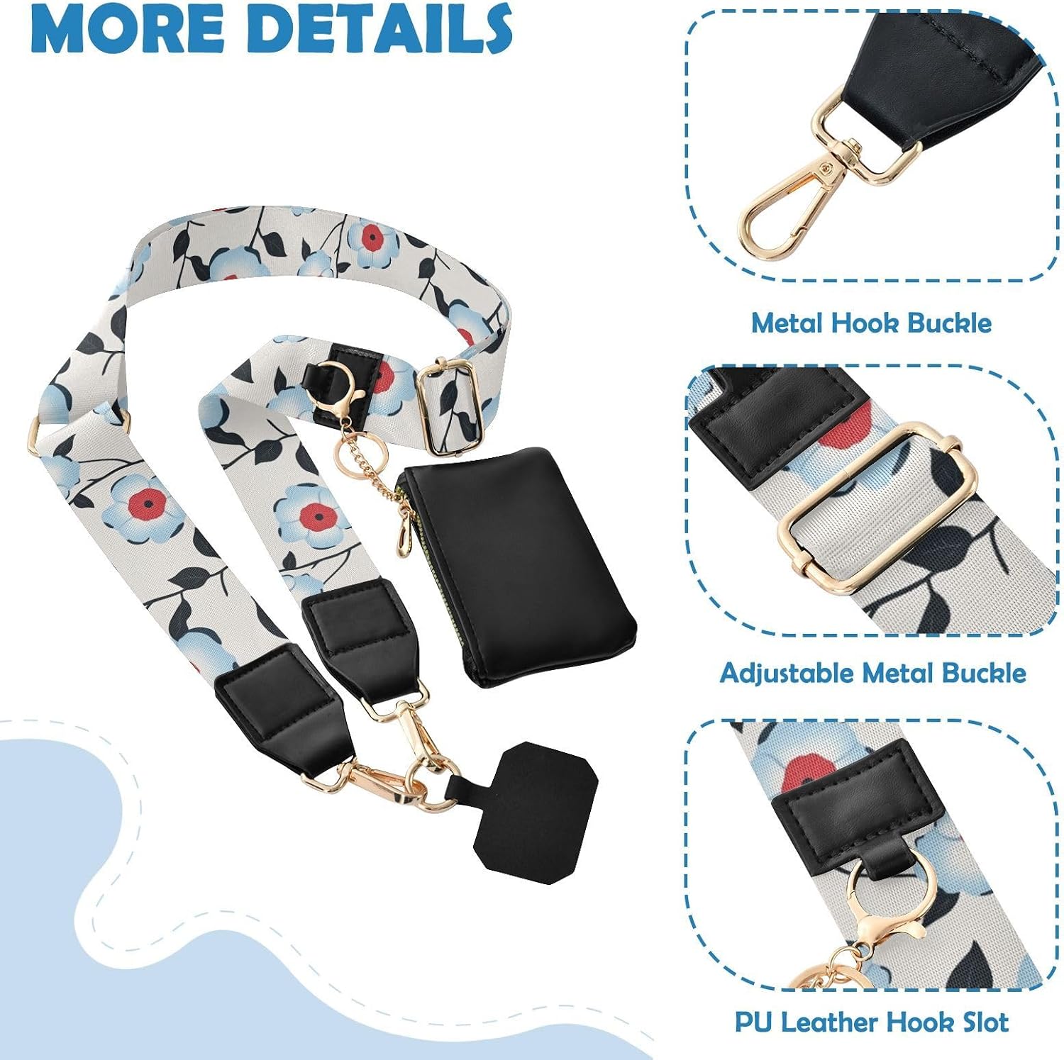 Phone Lanyard Light Blue Flora Pattern Minimalist Style Gray Phone Lanyard Crossbody Strap
