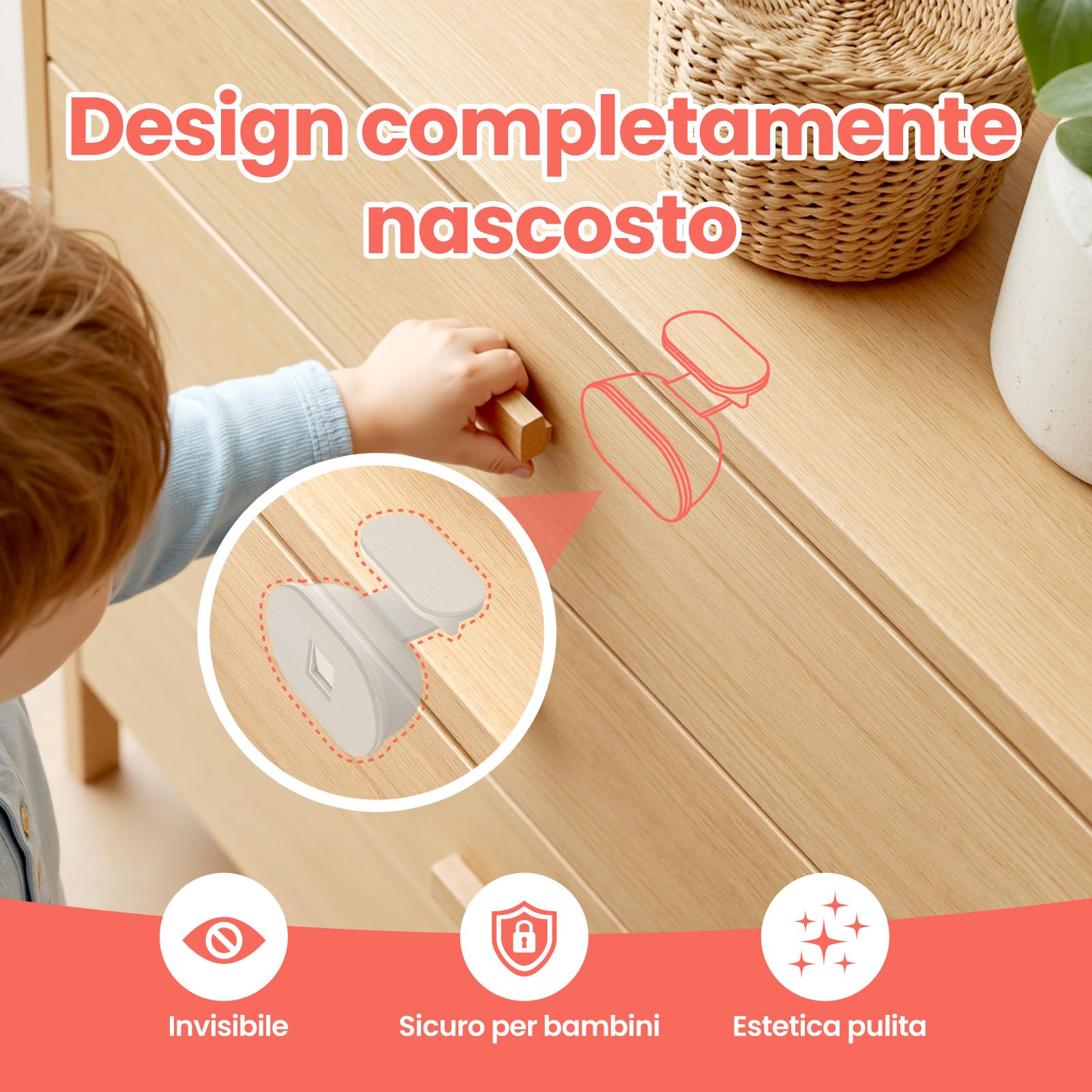 REDTRON Serrature magnetiche anti-bambino senza foratura, design invisibile, set 20 serrature e 4 chiavi, serrature sicurezza per armadi cucina, bagno, camera, soggiorno (bianco)