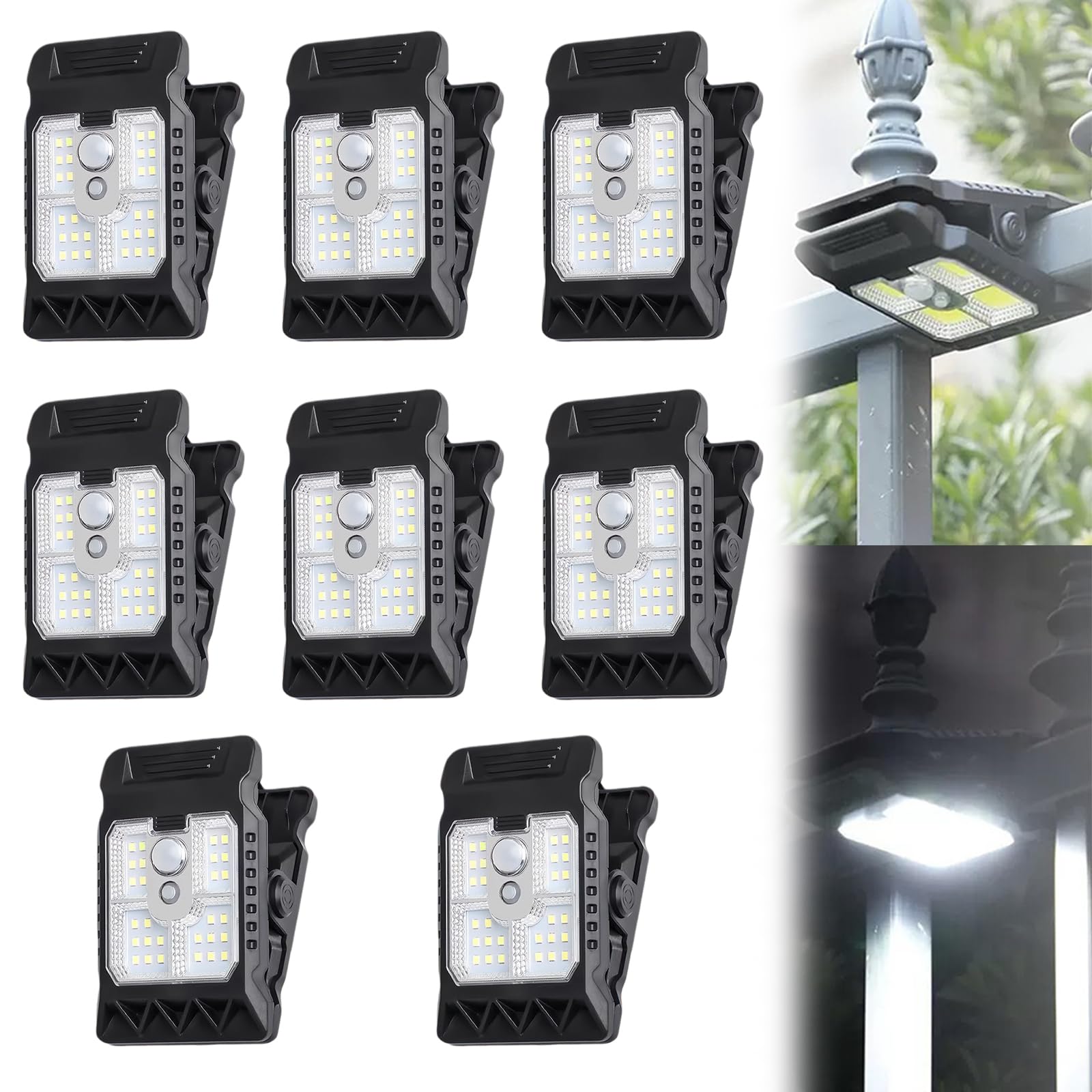 Solar Clip On Lights Outdoor, USB & Solar Powered Motion Sensor Clip Lights, Waterproof Portable Solar Clip Light with Motion Sensor, for Garage, Garden, Home, Fence (8PCS)