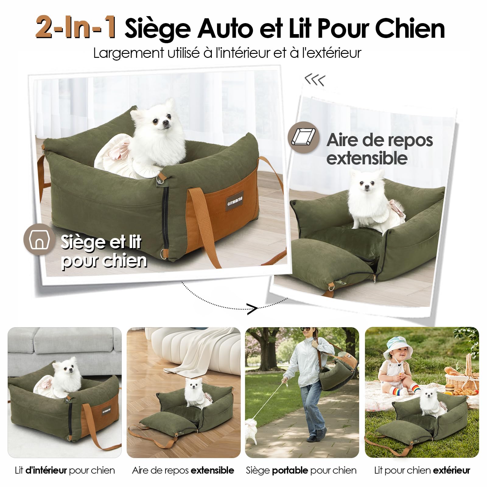 Siege Auto Chien Voiture pour Petite et Moyenne Moins de 15kg, Panier Chien Voiture Portable avec Aire de Repos Extensible, Siège Auto Détachable pour Le Transport avec Clip de Sécurité