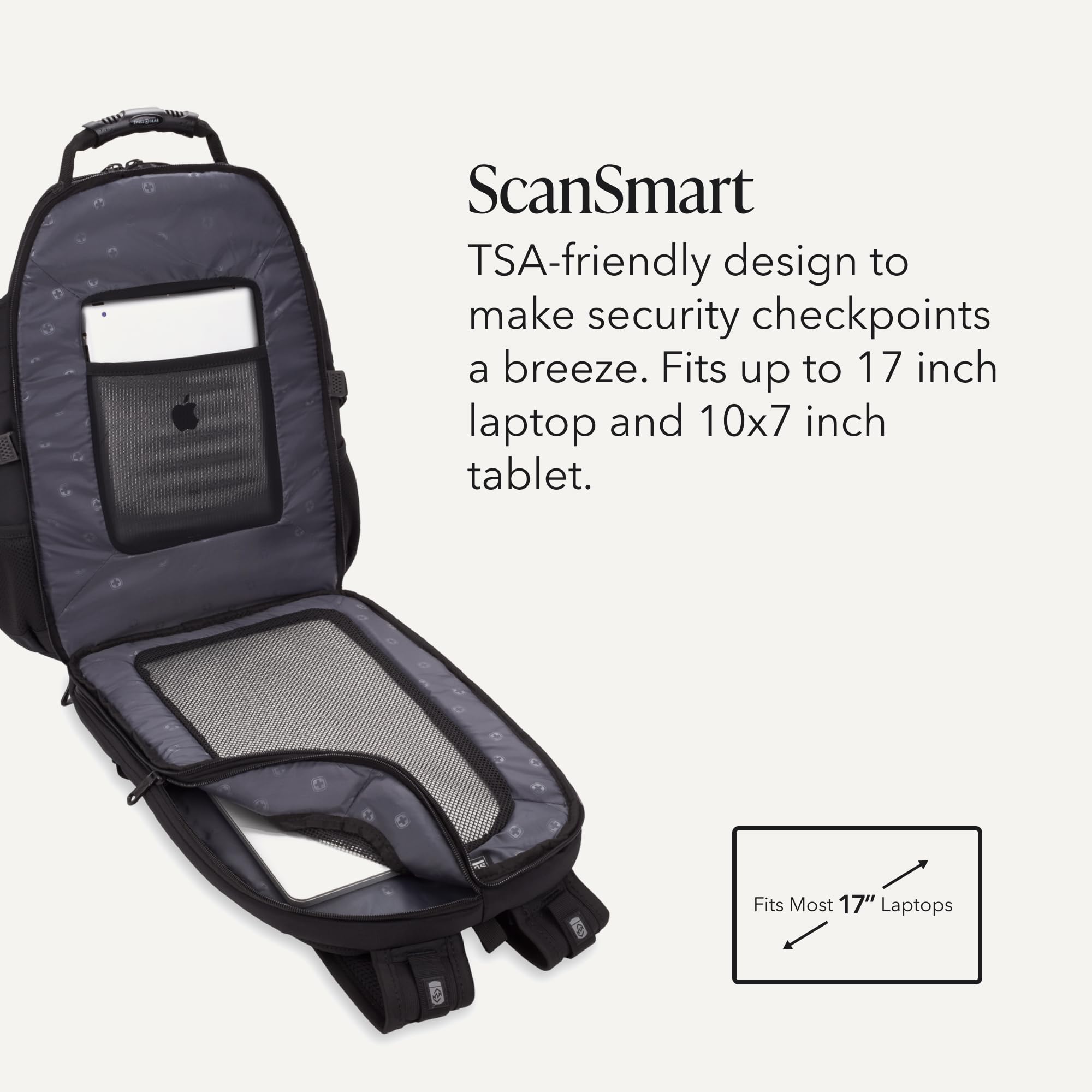 SWISSGEAR 1900 ScanSmart Laptop Backpack, Fits Most 17-Inch Laptops, TSA-Friendly Lay-Flat Design, RFID Protection, and Tablet Pocket, Black, 31L, 18.5-Inch view 3