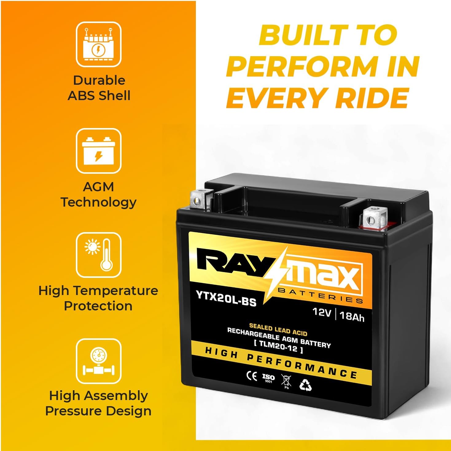 YTX20L-BS 12V 18Ah AGM Battery – High Performance Powersports Battery for Motorcycles, ATVs, UTVs, Snowmobiles – Maintenance-Free, 300 CCA, OEM Fit | Dimensions: 6.88"L x3.42"W x6.10"H.