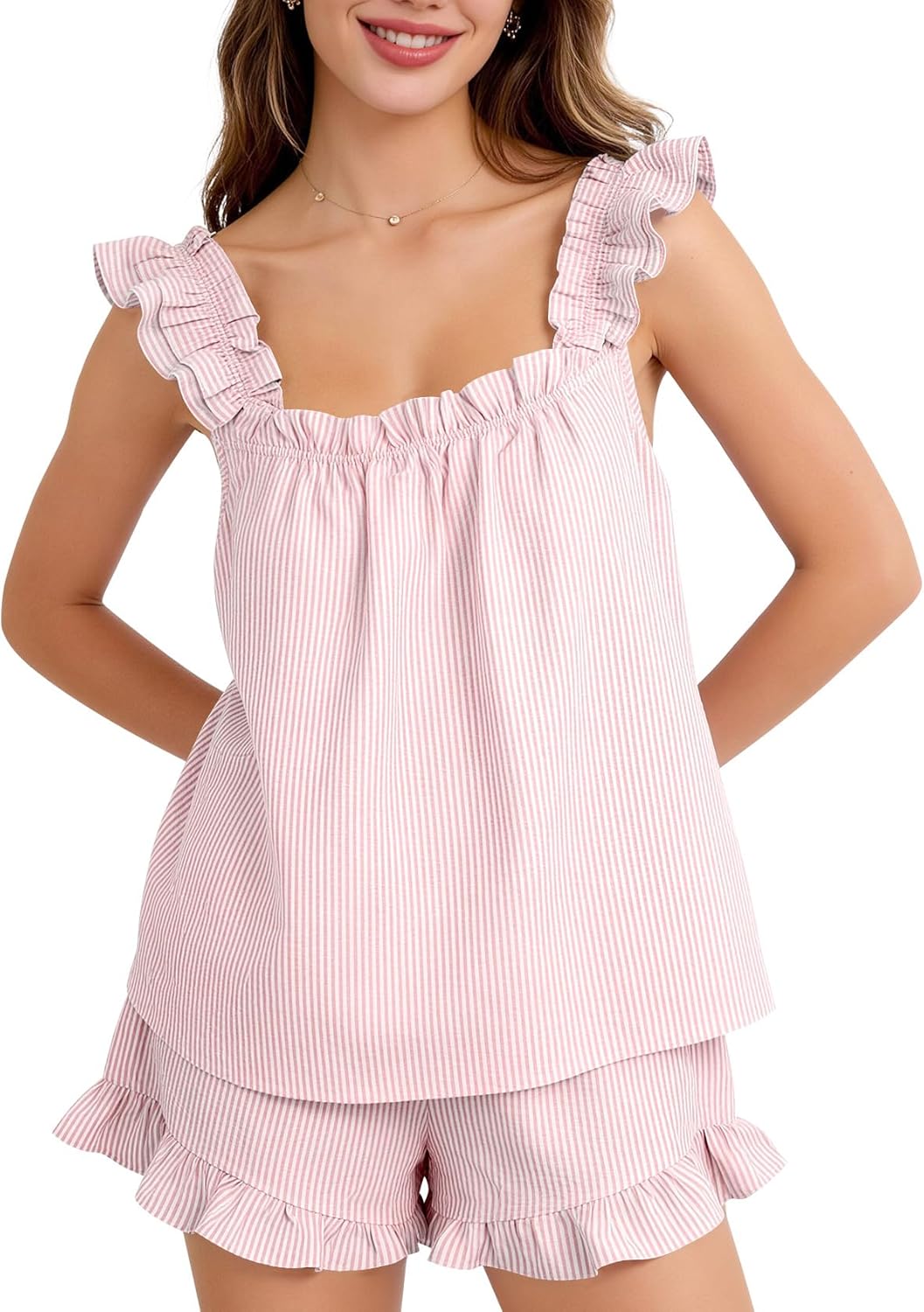 Kissonic Womens Striped Ruffle Pajama Set 2 Piece Cute Cotton Sleeveless Bridal Pjs Frilly Sleepwear Lounge Set